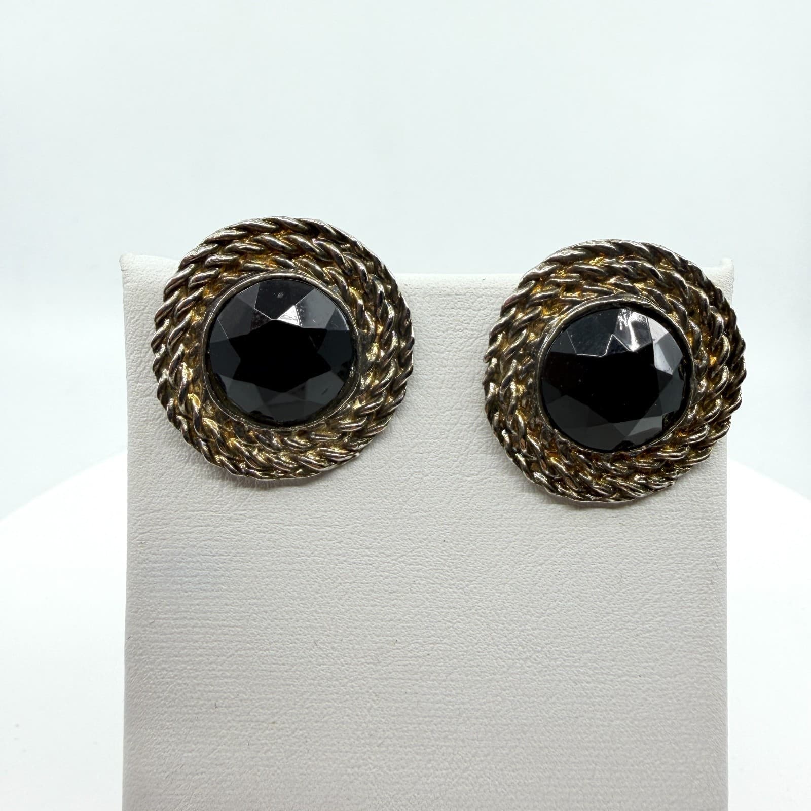 Statement Black Faceted Cabochon Clip On Earrings Silver Tone Rope Edge Gothic - Thumbnail 2