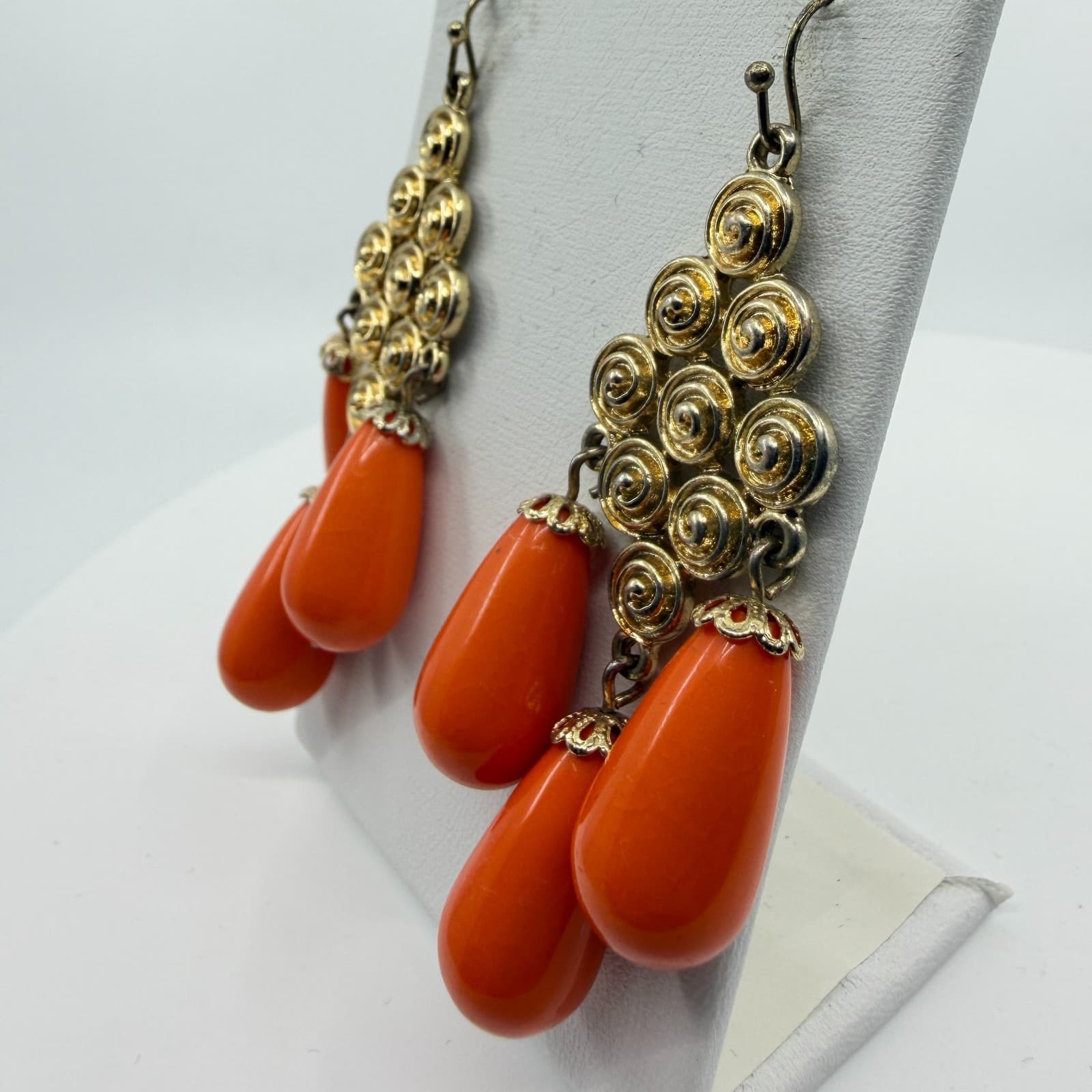 Gold Tone Spiral Statement Dangle Earrings With Bright Orange Teardrop Accents - Thumbnail 6