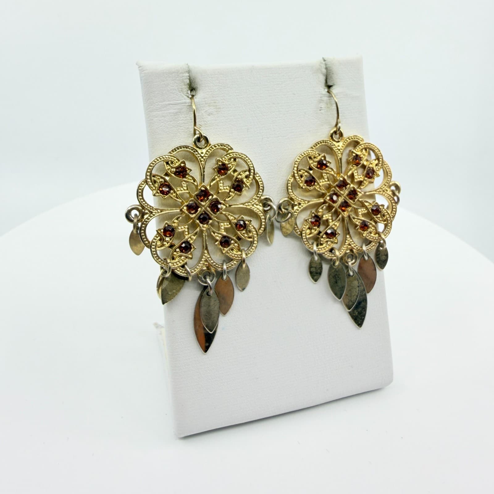 Boho Filigree Drop Earrings Gold Tone Brown Crystal Dangle Statement Jewelry - Thumbnail 4
