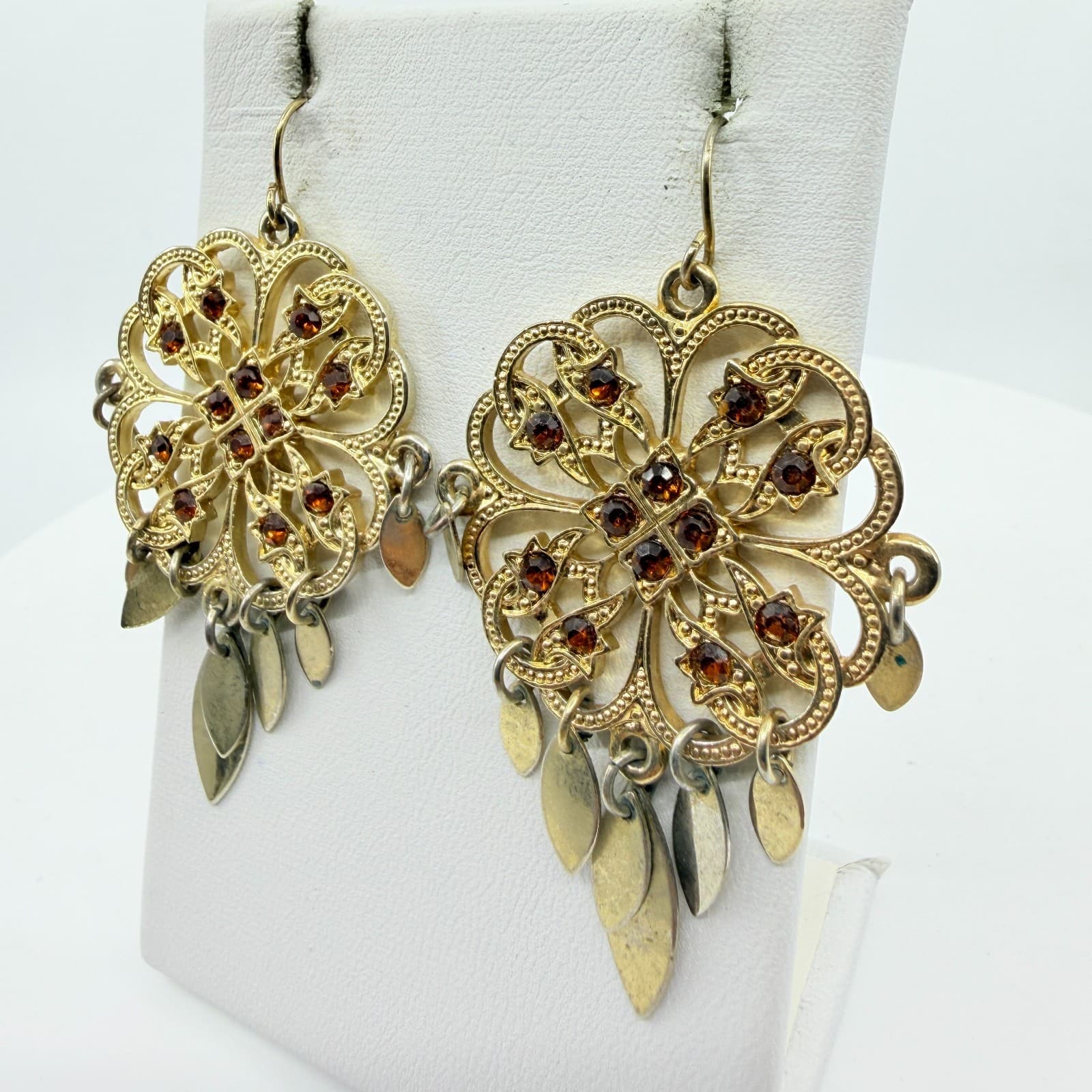 Boho Filigree Drop Earrings Gold Tone Brown Crystal Dangle Statement Jewelry - Thumbnail 5