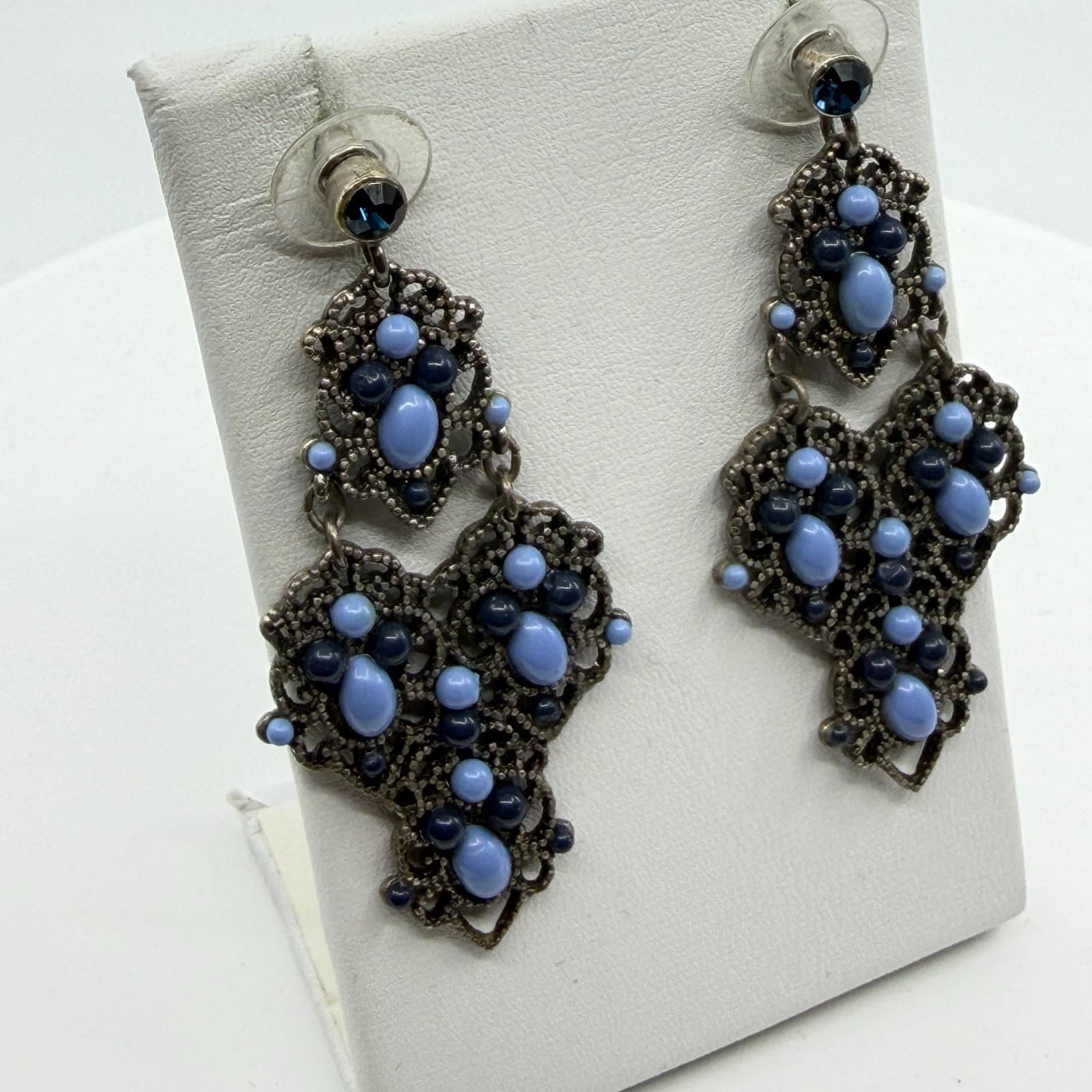 Ornate Blue Chandelier Earrings Filigree Statement Drop Bohemian Festival Gift - Thumbnail 5