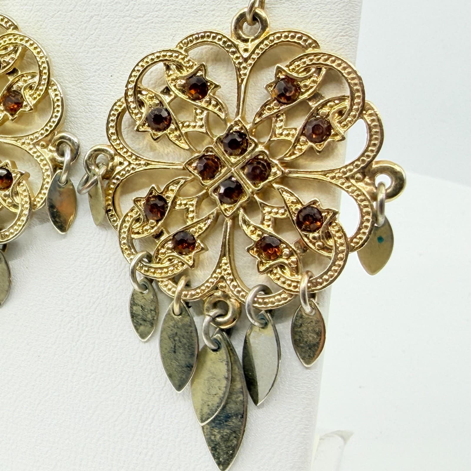 Boho Filigree Drop Earrings Gold Tone Brown Crystal Dangle Statement Jewelry - Thumbnail 8