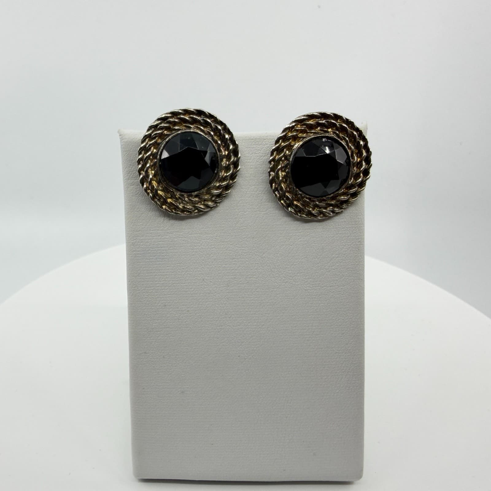 Statement Black Faceted Cabochon Clip On Earrings Silver Tone Rope Edge Gothic - Thumbnail 5