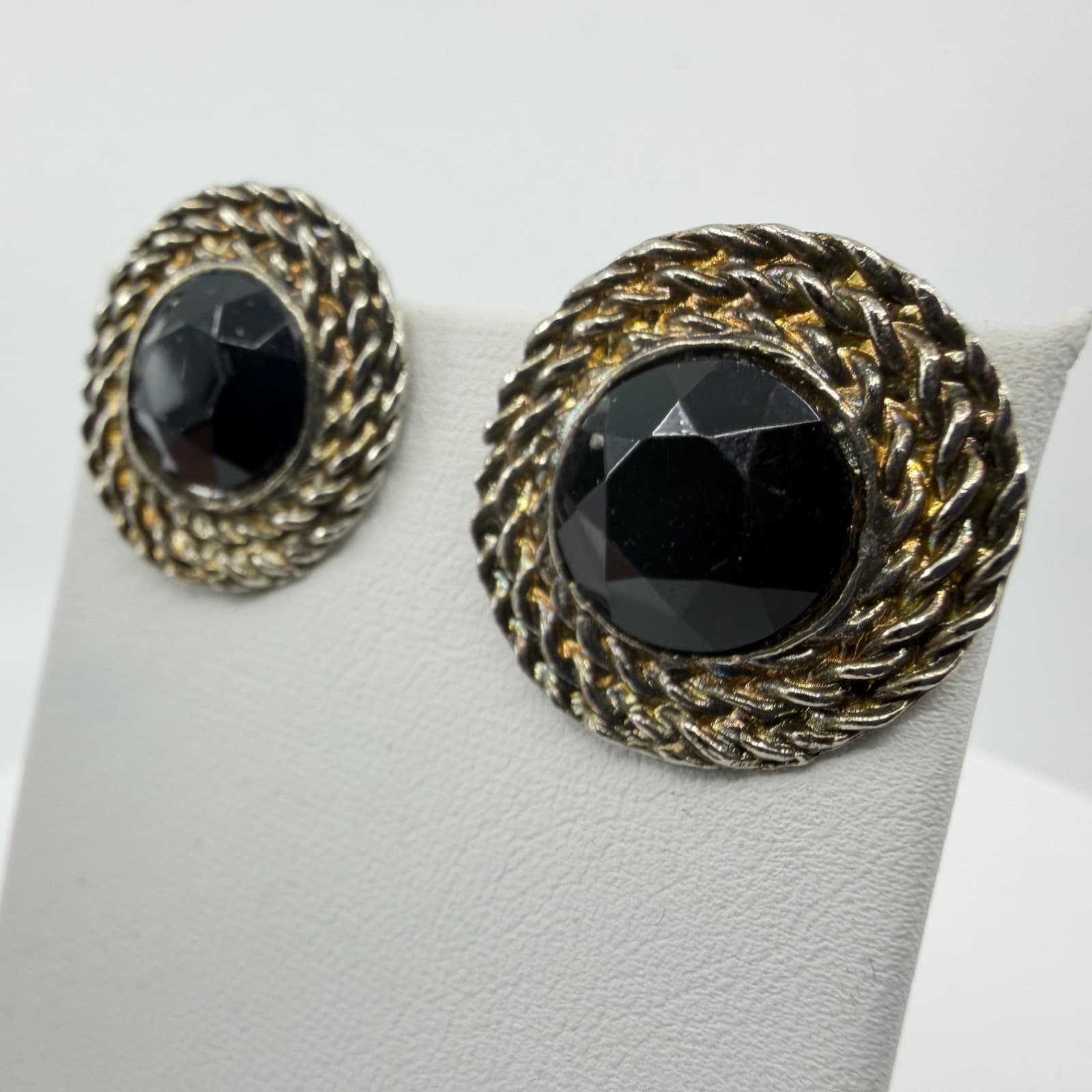 Statement Black Faceted Cabochon Clip On Earrings Silver Tone Rope Edge Gothic - Thumbnail 4