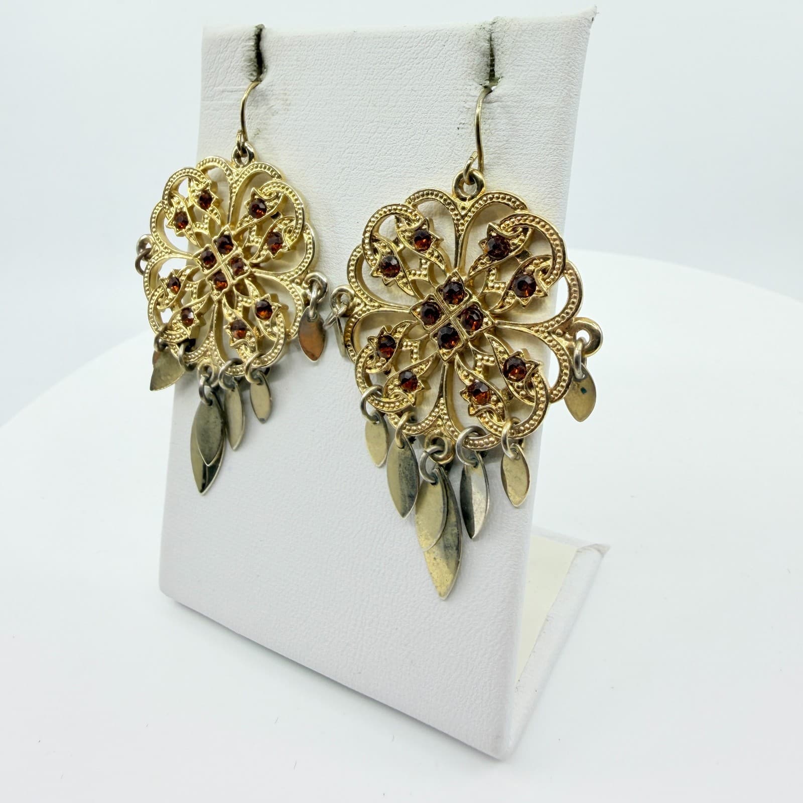 Boho Filigree Drop Earrings Gold Tone Brown Crystal Dangle Statement Jewelry - Thumbnail 6