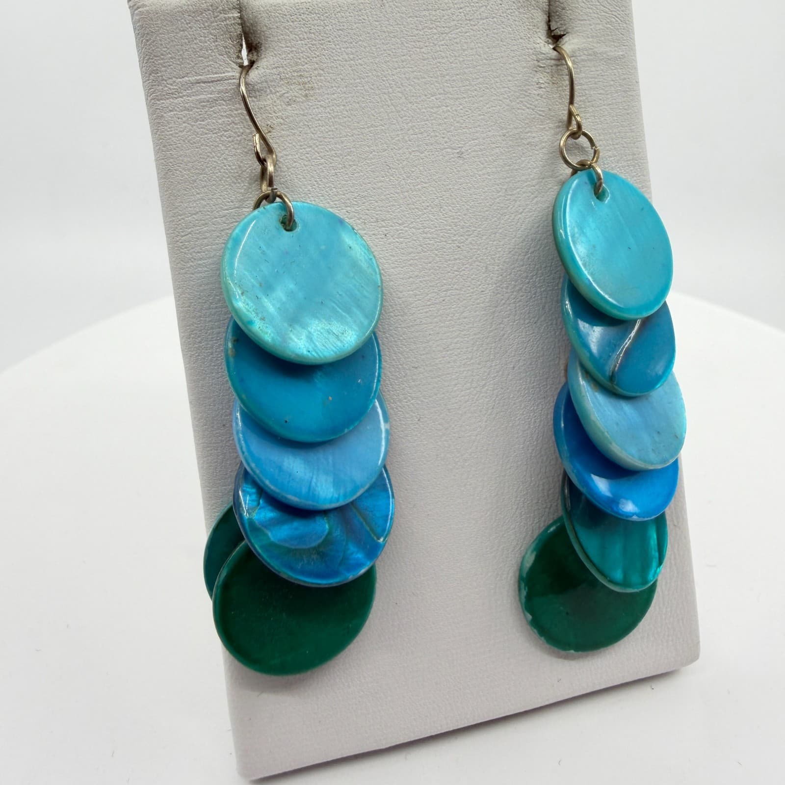 Ombre Blue Nakar Shell Disc Statement Earrings Layer Boho Festival Jewelry Gift - Thumbnail 2