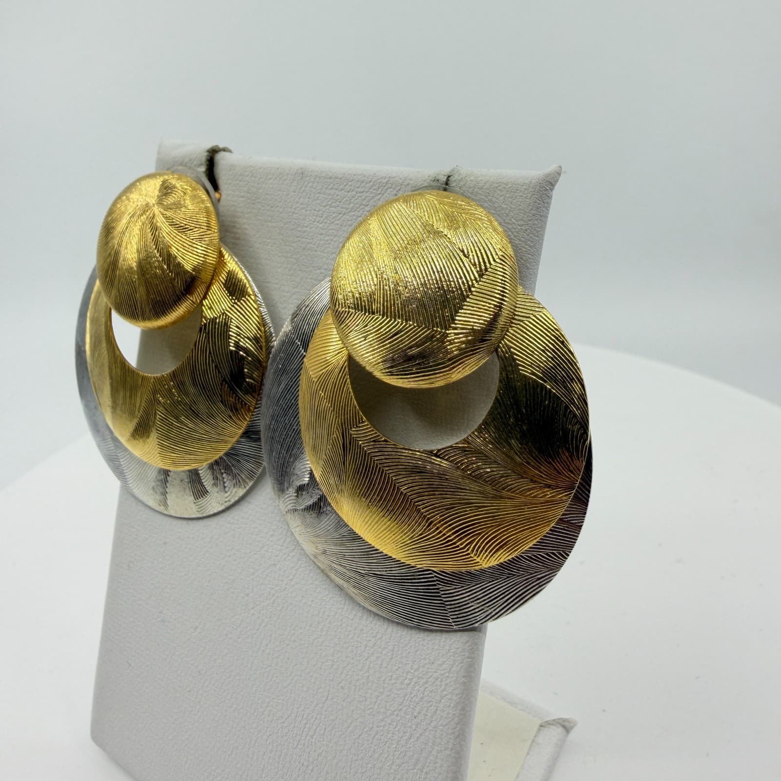 Mixed Metal Two-Tone Textured Statement Stud Earrings Modern Geometric Jewelry - Thumbnail 4