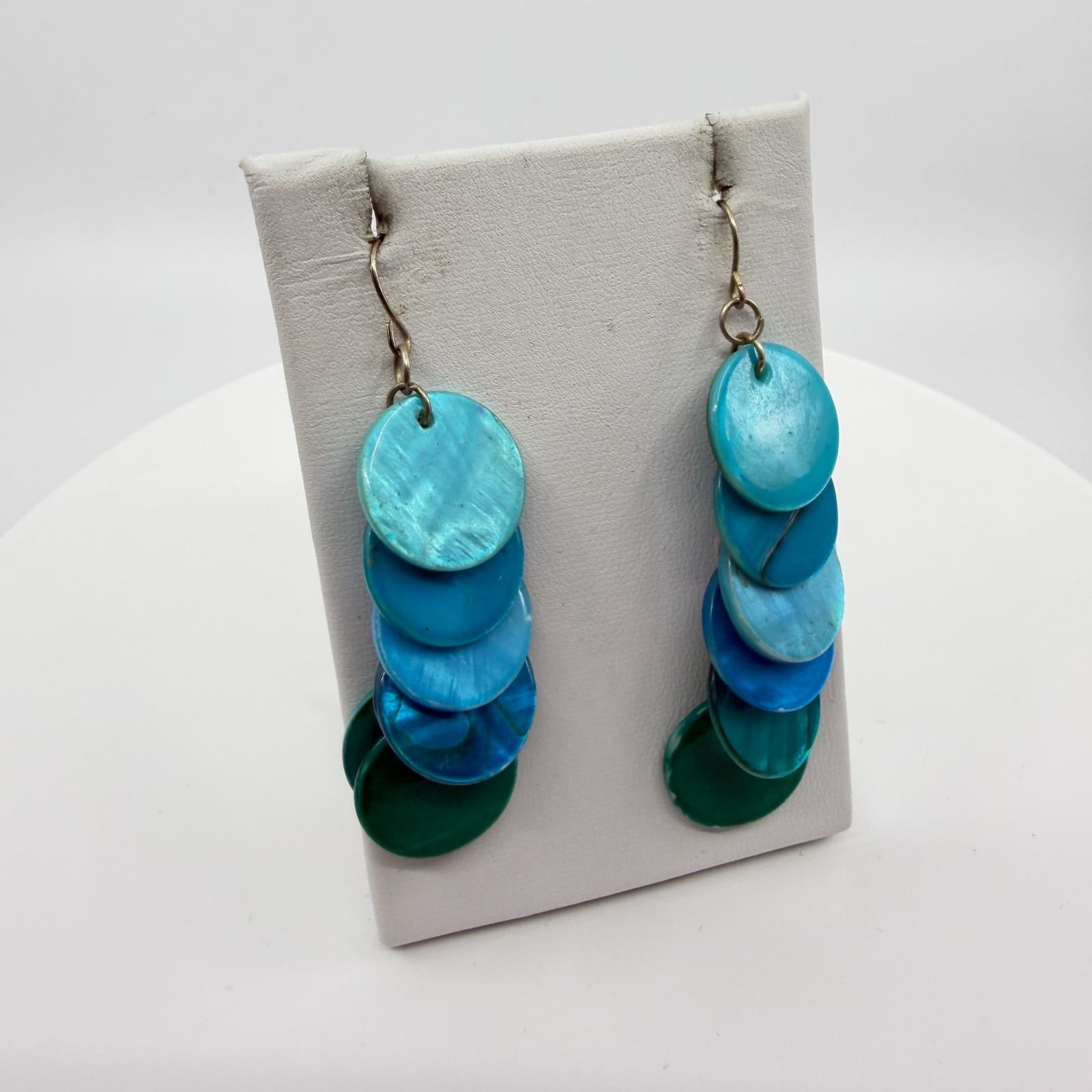 Ombre Blue Nakar Shell Disc Statement Earrings Layer Boho Festival Jewelry Gift - Thumbnail 3