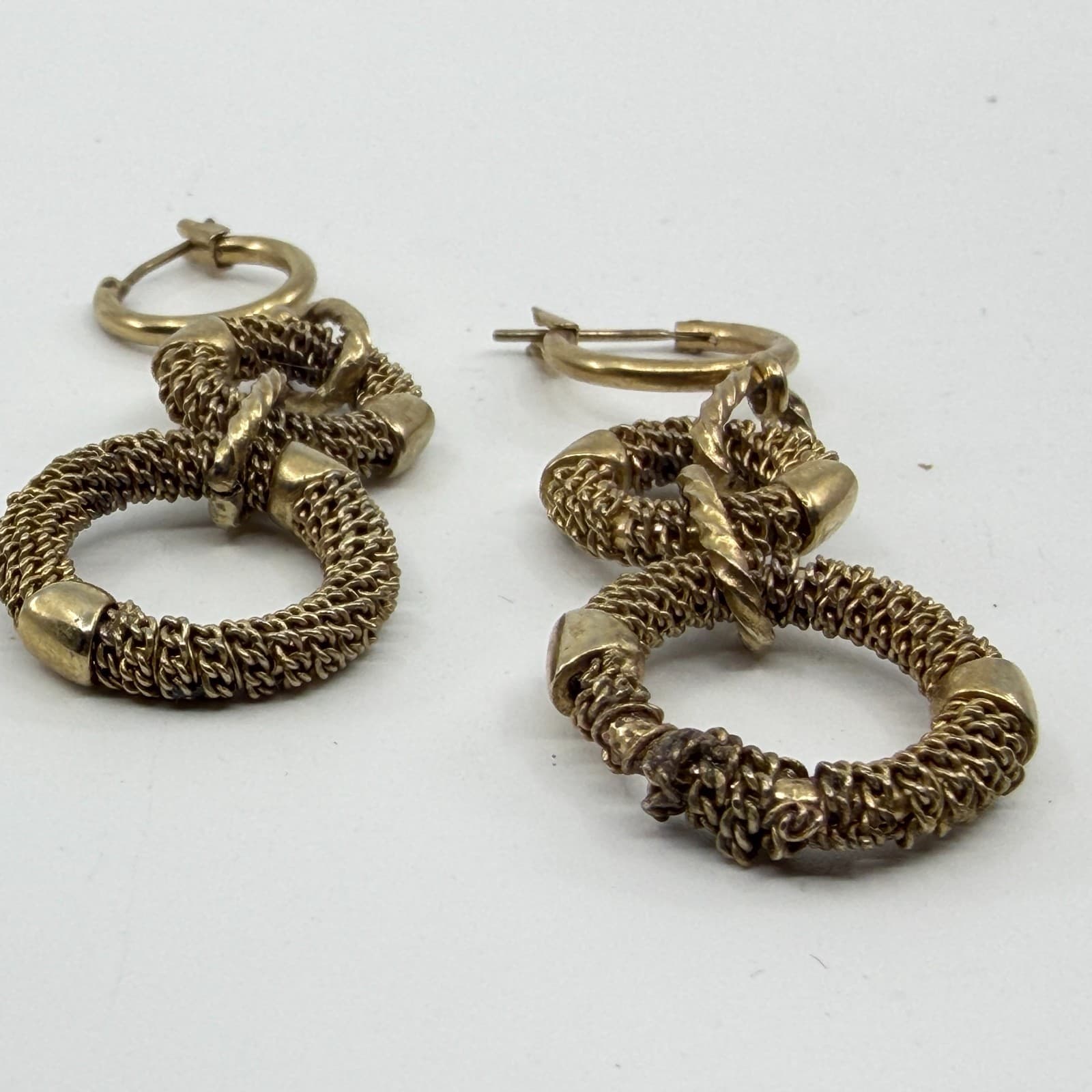 Gold Tone Textured Double Hoop Drop Earrings Statement Chunky Festival Chic Gift - Thumbnail 3