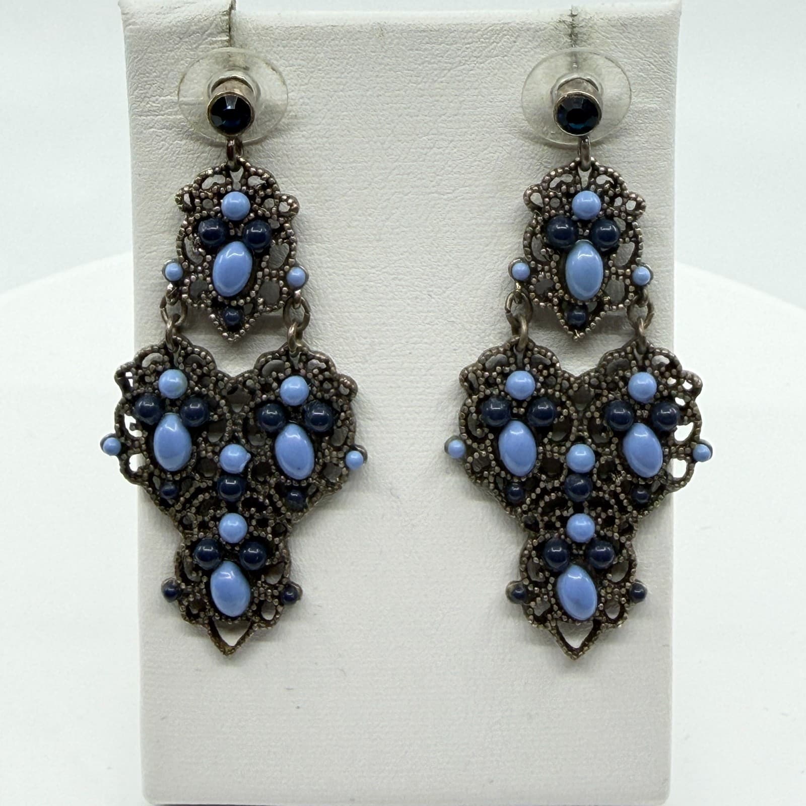 Ornate Blue Chandelier Earrings Filigree Statement Drop Bohemian Festival Gift - Thumbnail 7