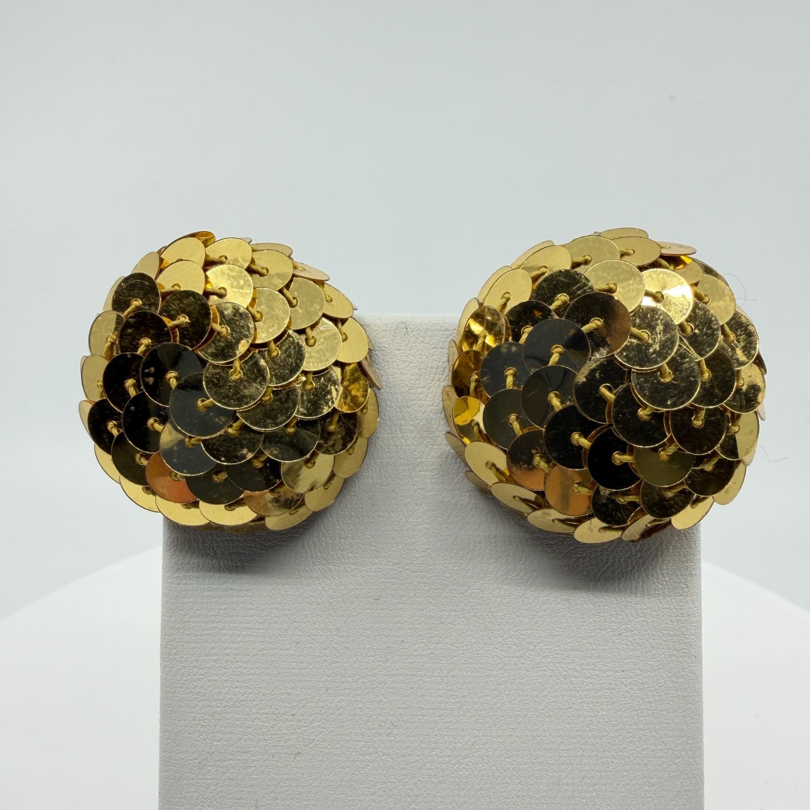 Gold Tone Sequin Statement Stud Earrings Chunky Disco Glam Festival Party Chic