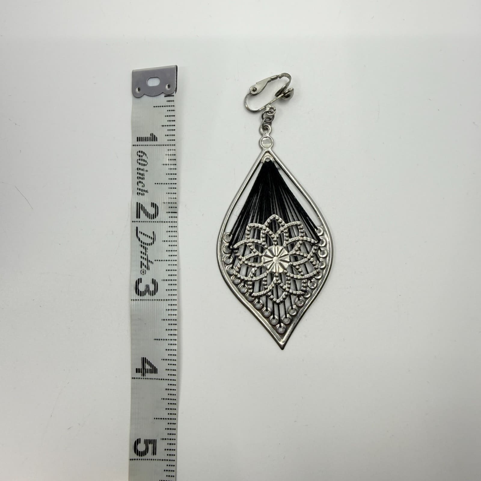Silver Tone Black Thread Geometric Dangle Clip On Earrings Statement Boho Style - Thumbnail 8