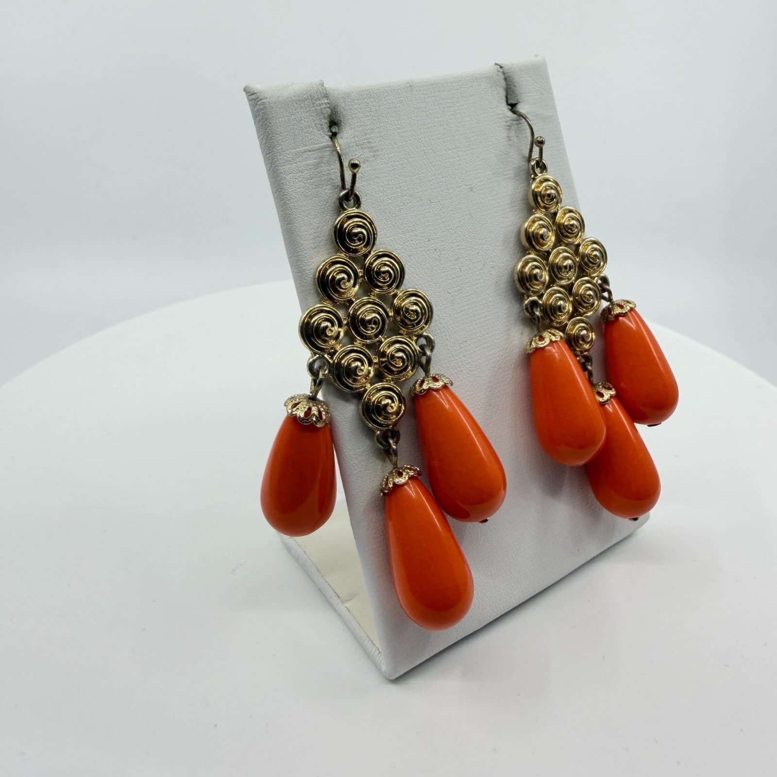 Gold Tone Spiral Statement Dangle Earrings With Bright Orange Teardrop Accents - Thumbnail 5