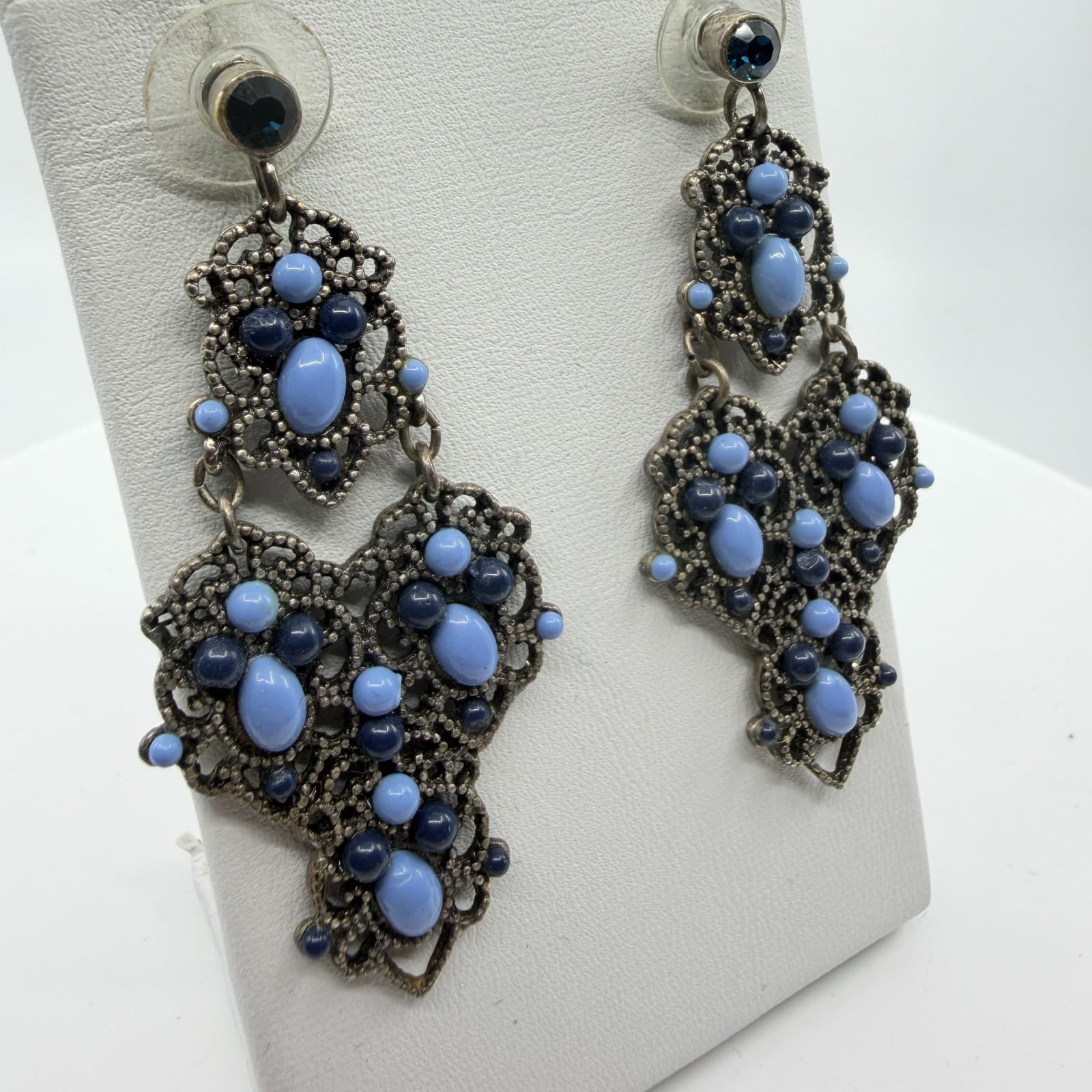 Ornate Blue Chandelier Earrings Filigree Statement Drop Bohemian Festival Gift - Thumbnail 3