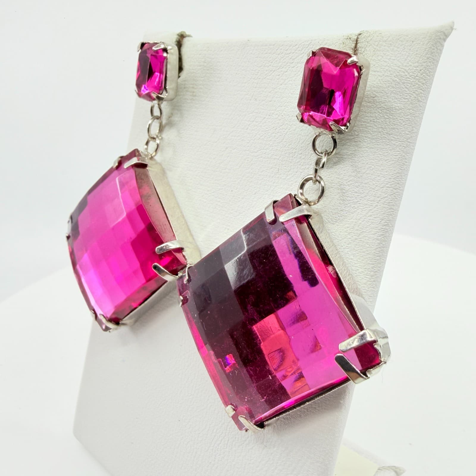 Hot Pink Crystal Statement Drop Earrings Geometric Rhombus Y2K Glam Party Gift - Thumbnail 4