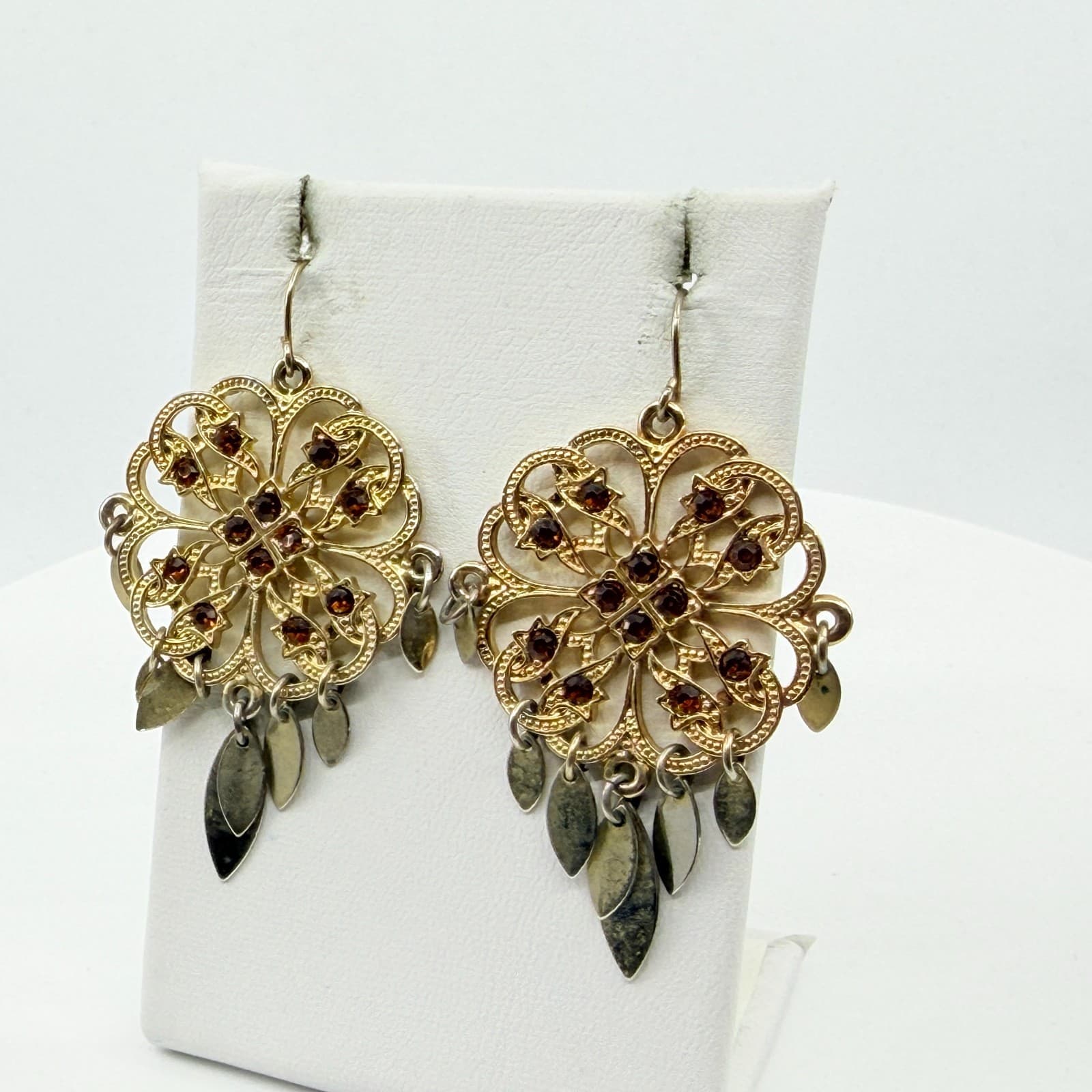 Boho Filigree Drop Earrings Gold Tone Brown Crystal Dangle Statement Jewelry - Thumbnail 9
