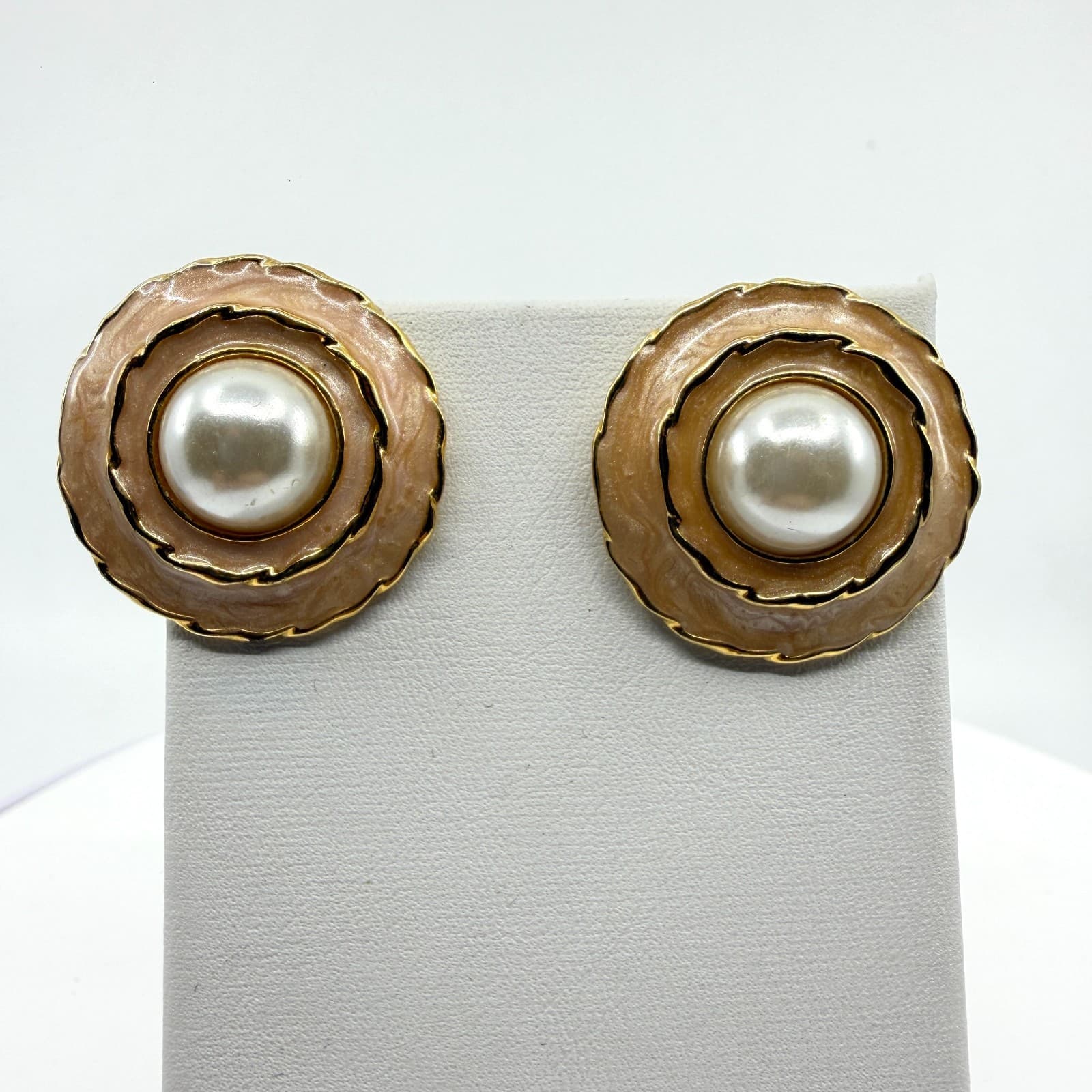 Elegant Pearl Enamel Swirl Stud Earrings Gold Tone Statement Jewelry Gift 80s - Thumbnail 2