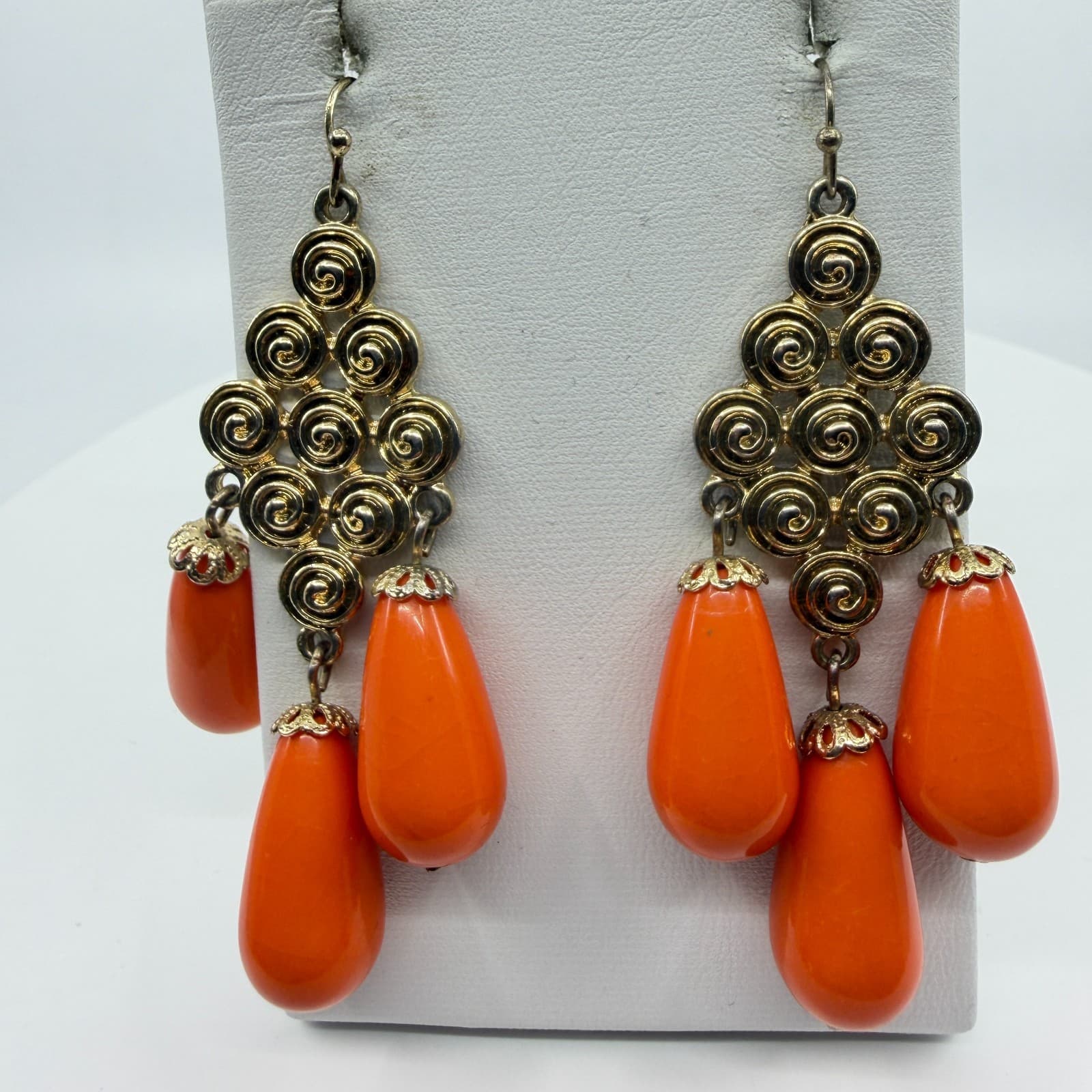 Gold Tone Spiral Statement Dangle Earrings With Bright Orange Teardrop Accents - Thumbnail 8