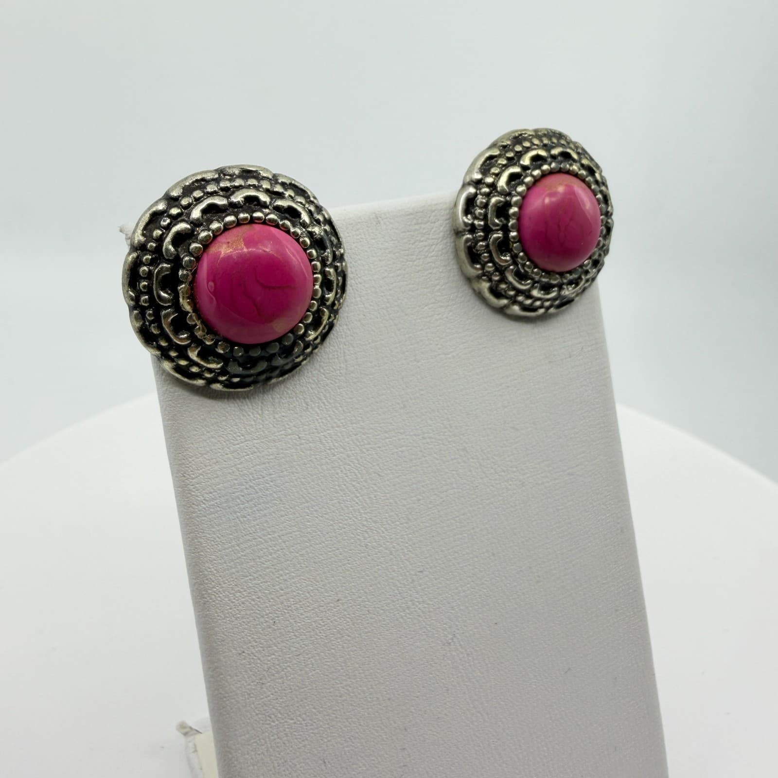 Vintage Style Pink Stone Silver Tone Ornate Clip On Stud Earrings Bohemian Chic - Thumbnail 2