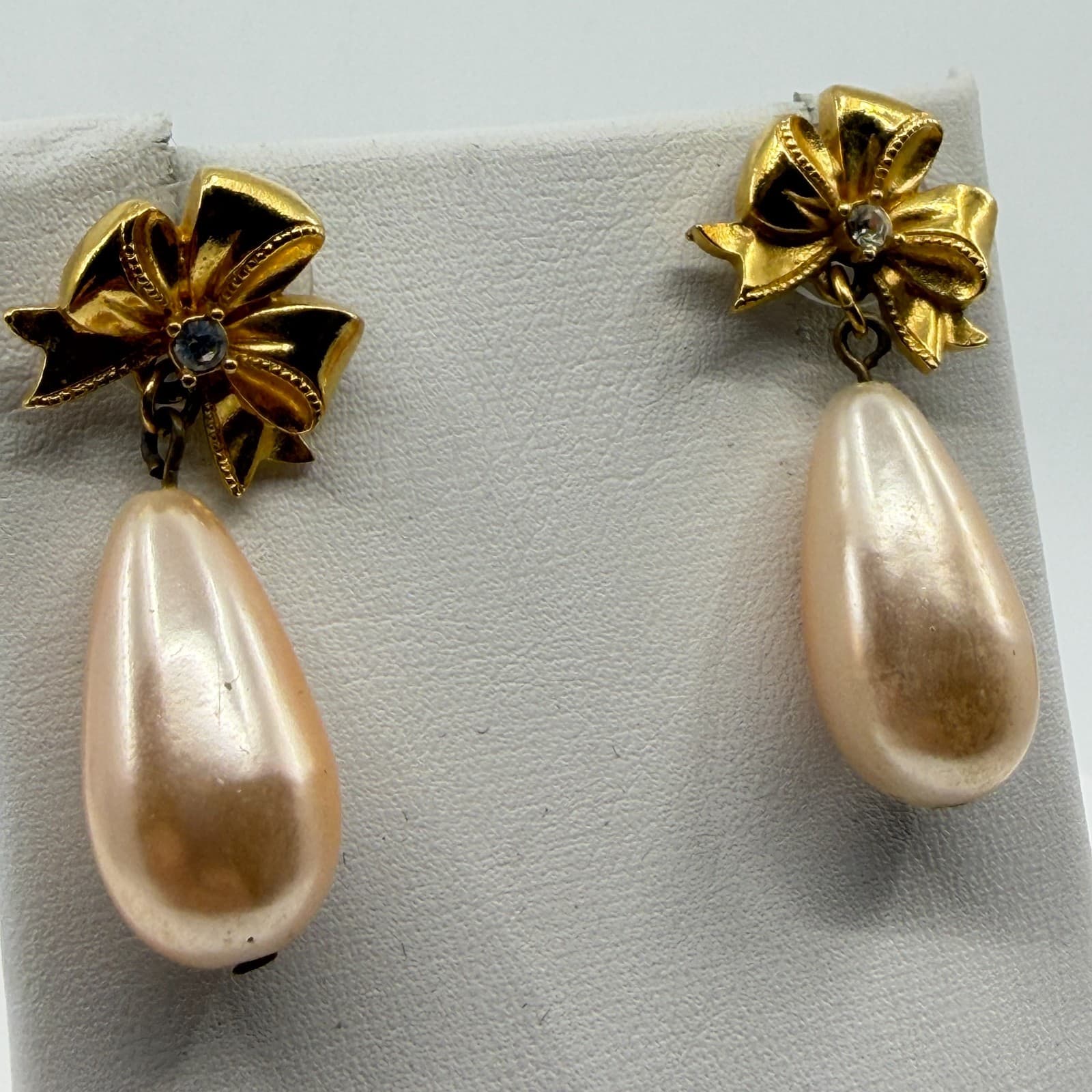 Dainty Gold Tone Bow Drop Earrings Faux Pearl Teardrop Coquette Jewelry Style - Thumbnail 3