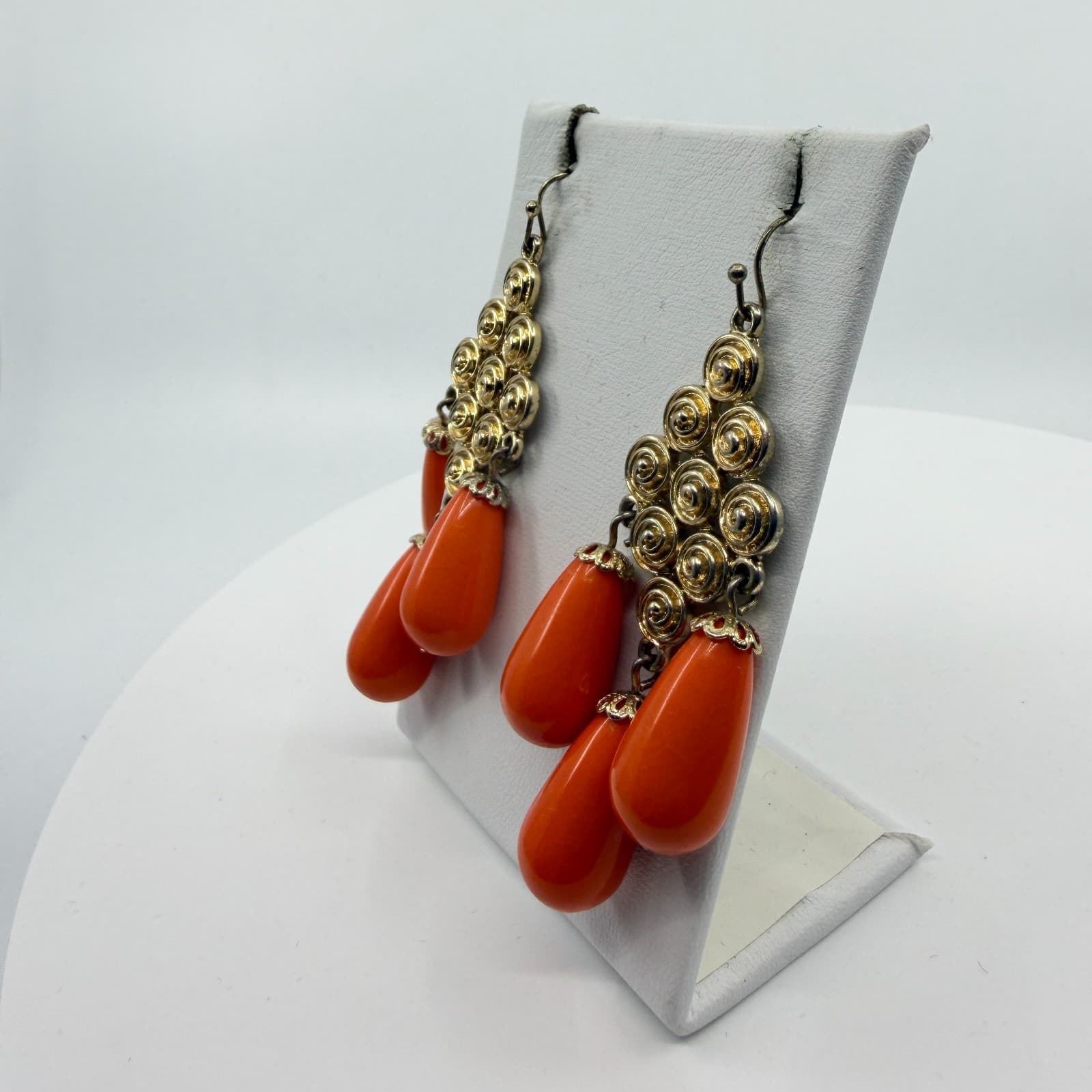 Gold Tone Spiral Statement Dangle Earrings With Bright Orange Teardrop Accents - Thumbnail 7