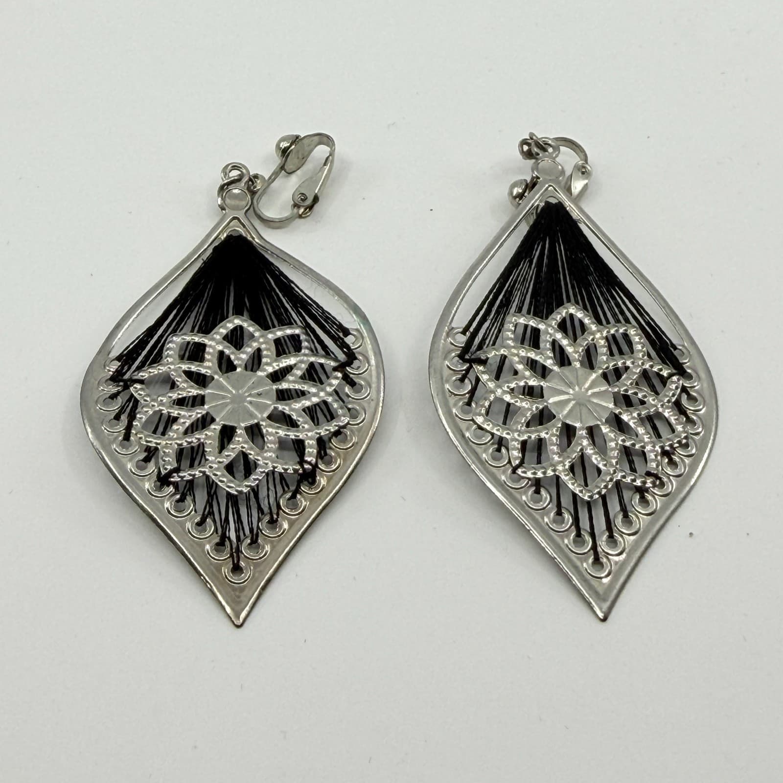 Silver Tone Black Thread Geometric Dangle Clip On Earrings Statement Boho Style - Thumbnail 4