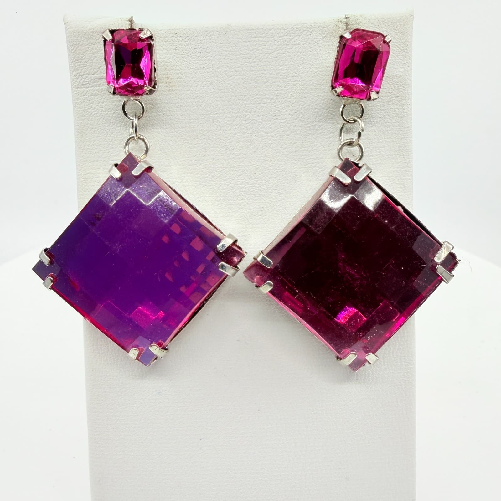 Hot Pink Crystal Statement Drop Earrings Geometric Rhombus Y2K Glam Party Gift