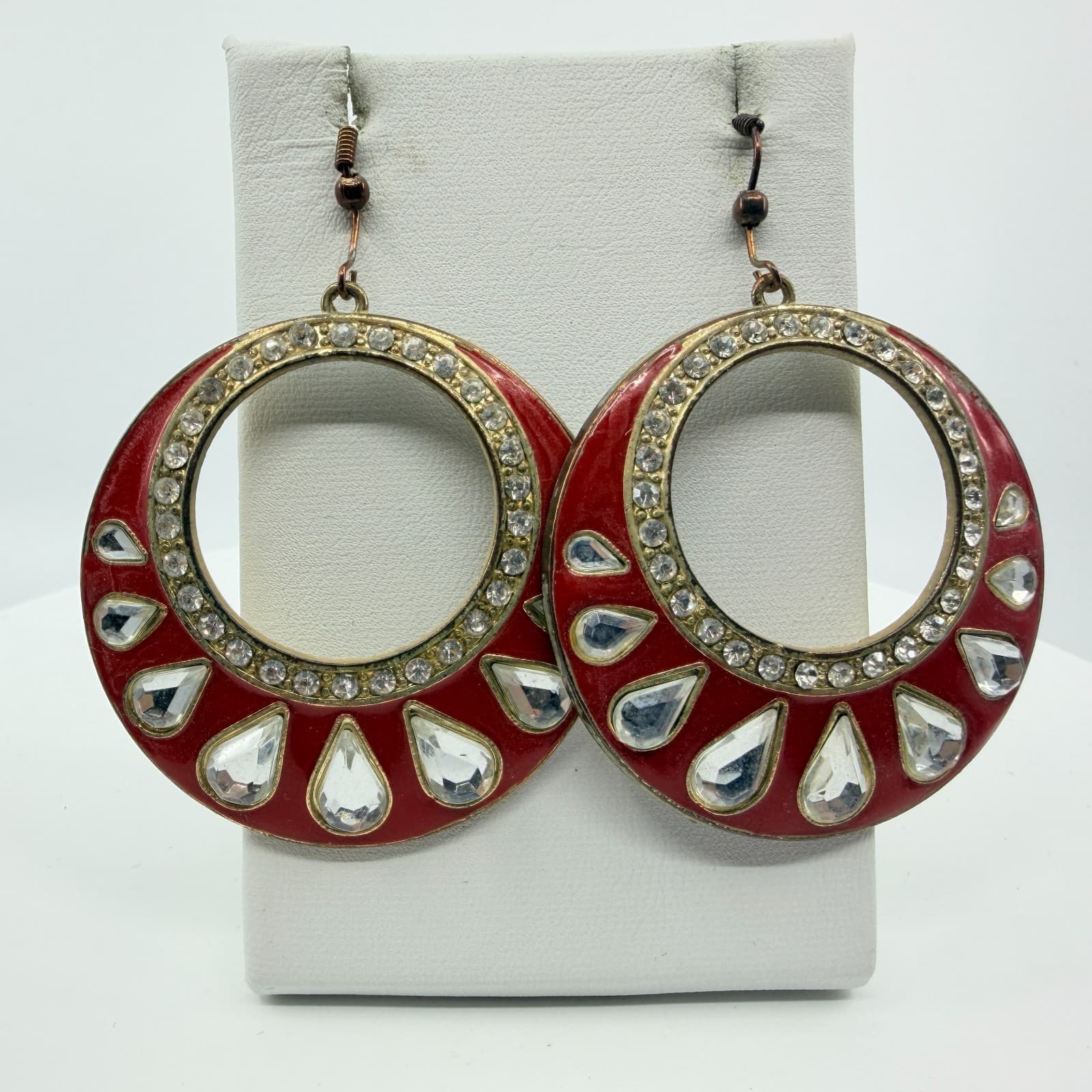 Vibrant Red Enamel Hoop Earrings Statement Crystal Boho Chic Festival Jewelry - Thumbnail 6