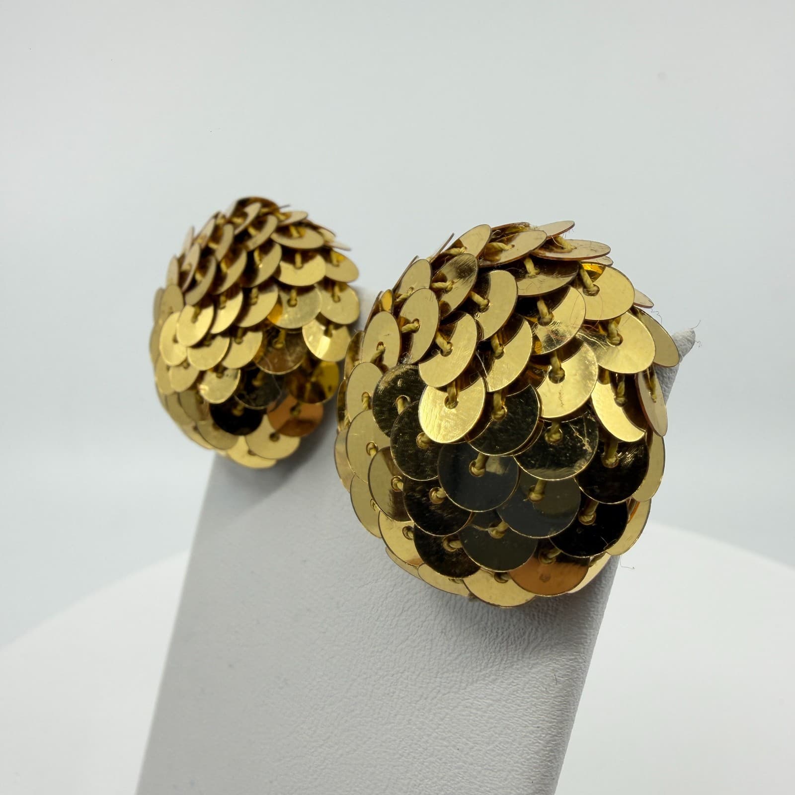 Gold Tone Sequin Statement Stud Earrings Chunky Disco Glam Festival Party Chic - Thumbnail 4