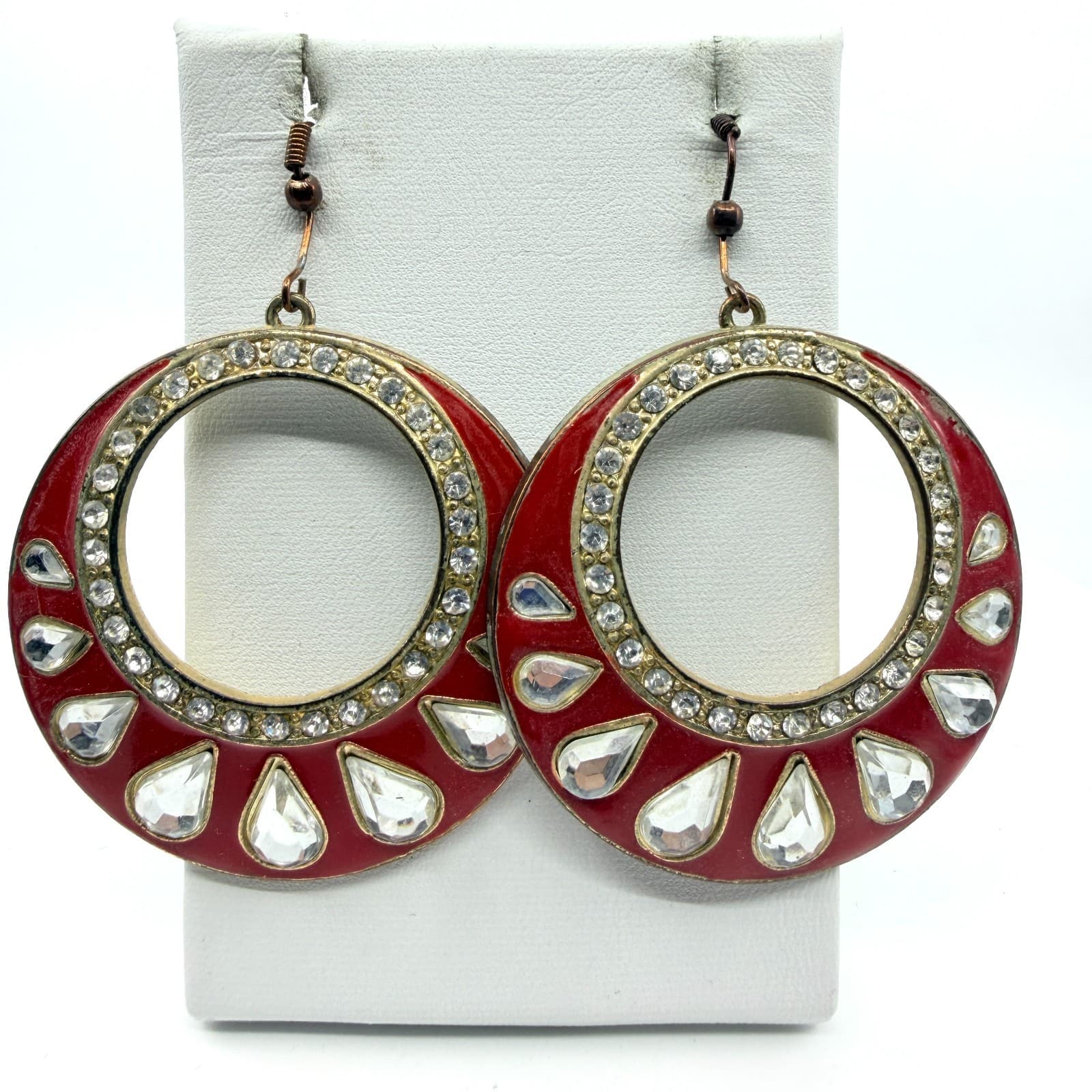 Vibrant Red Enamel Hoop Earrings Statement Crystal Boho Chic Festival Jewelry