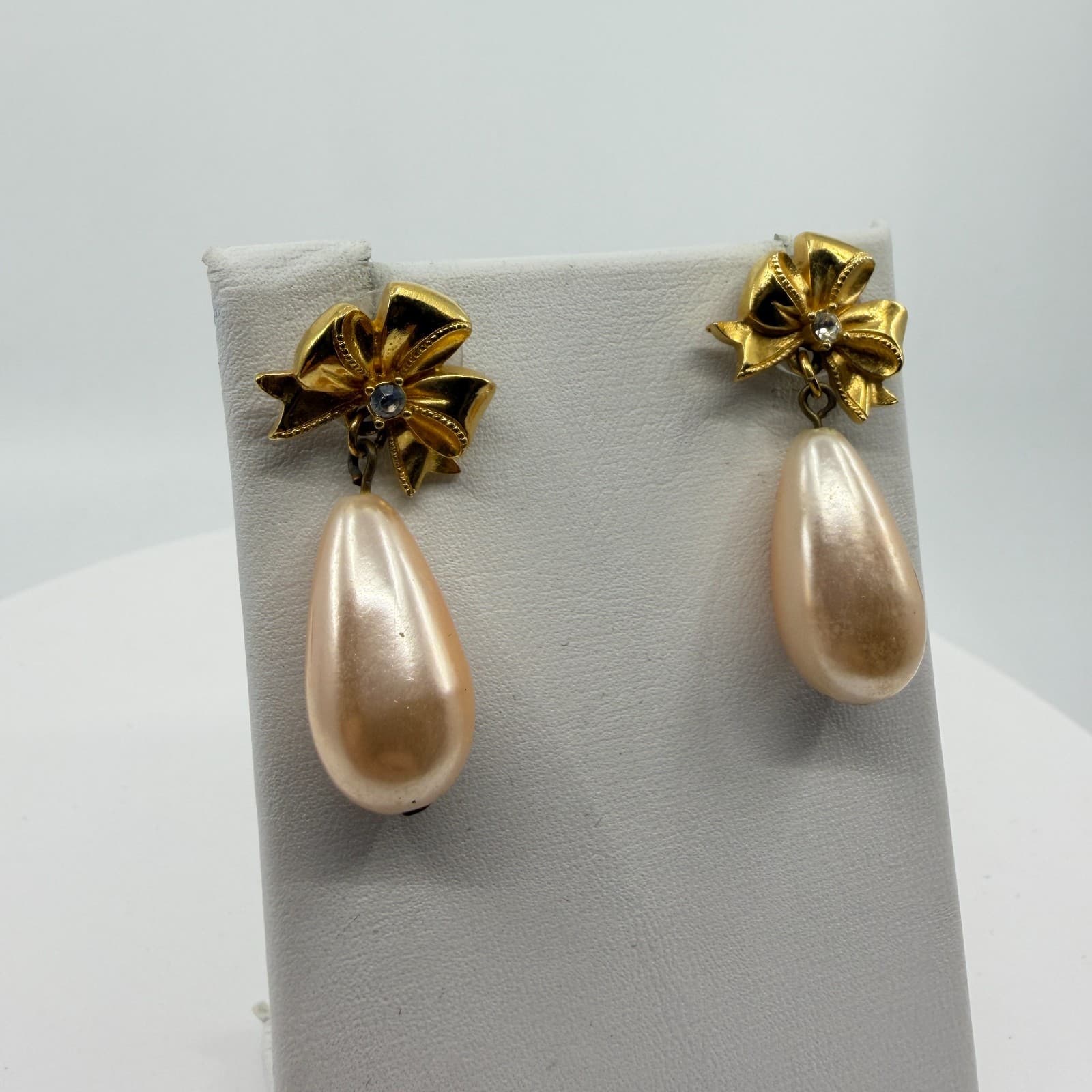 Dainty Gold Tone Bow Drop Earrings Faux Pearl Teardrop Coquette Jewelry Style - Thumbnail 2