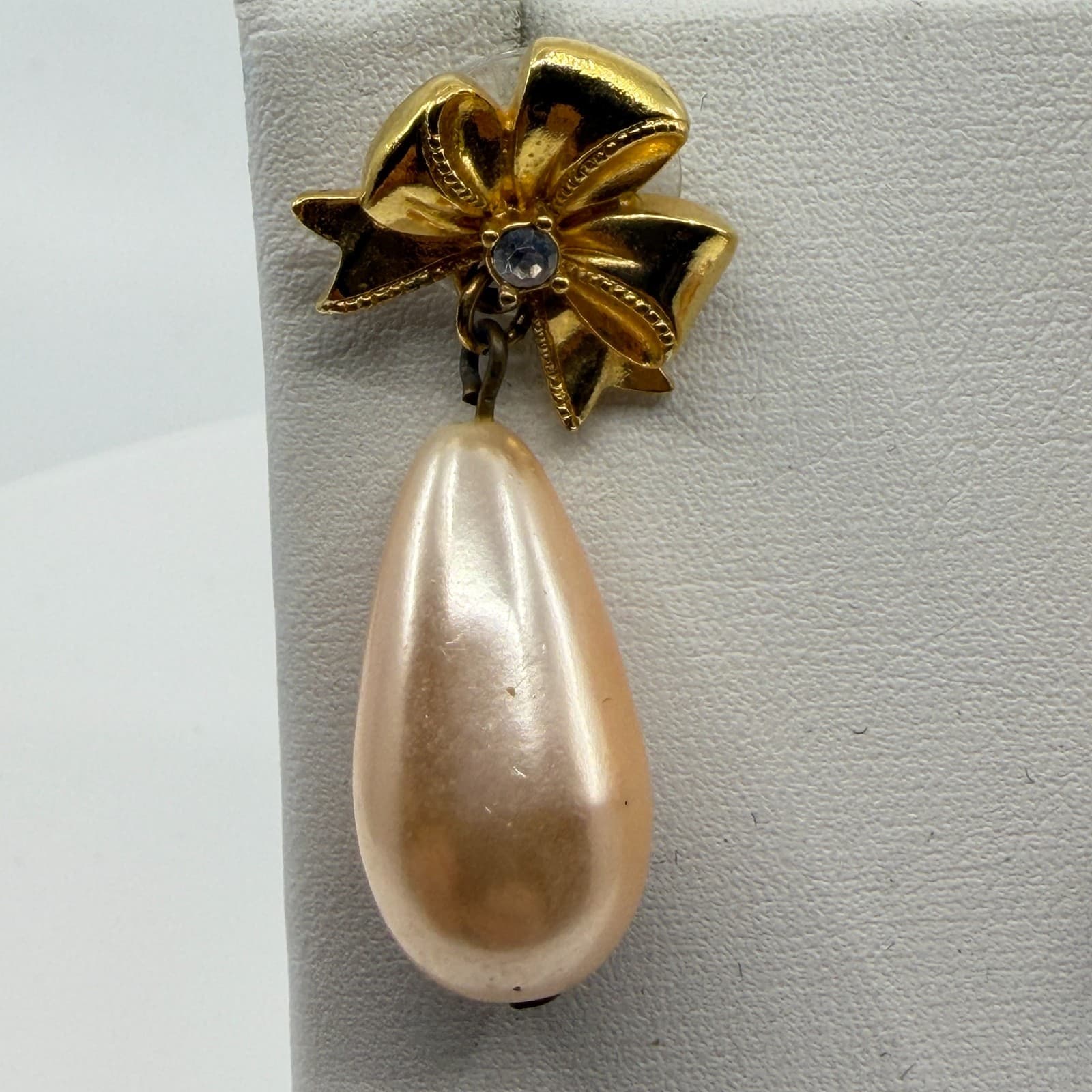 Dainty Gold Tone Bow Drop Earrings Faux Pearl Teardrop Coquette Jewelry Style - Thumbnail 4