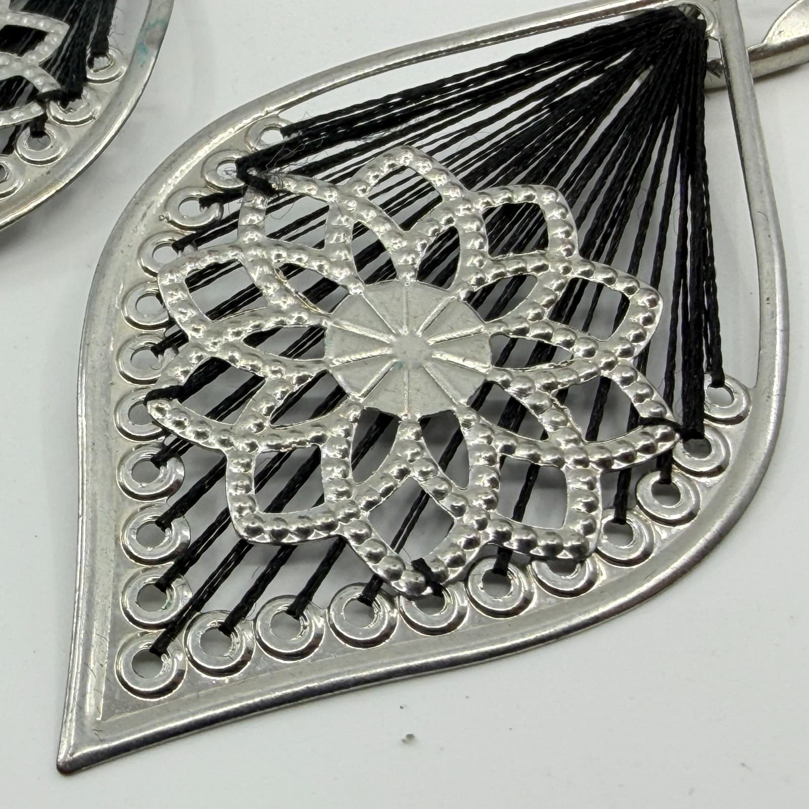 Silver Tone Black Thread Geometric Dangle Clip On Earrings Statement Boho Style - Thumbnail 5