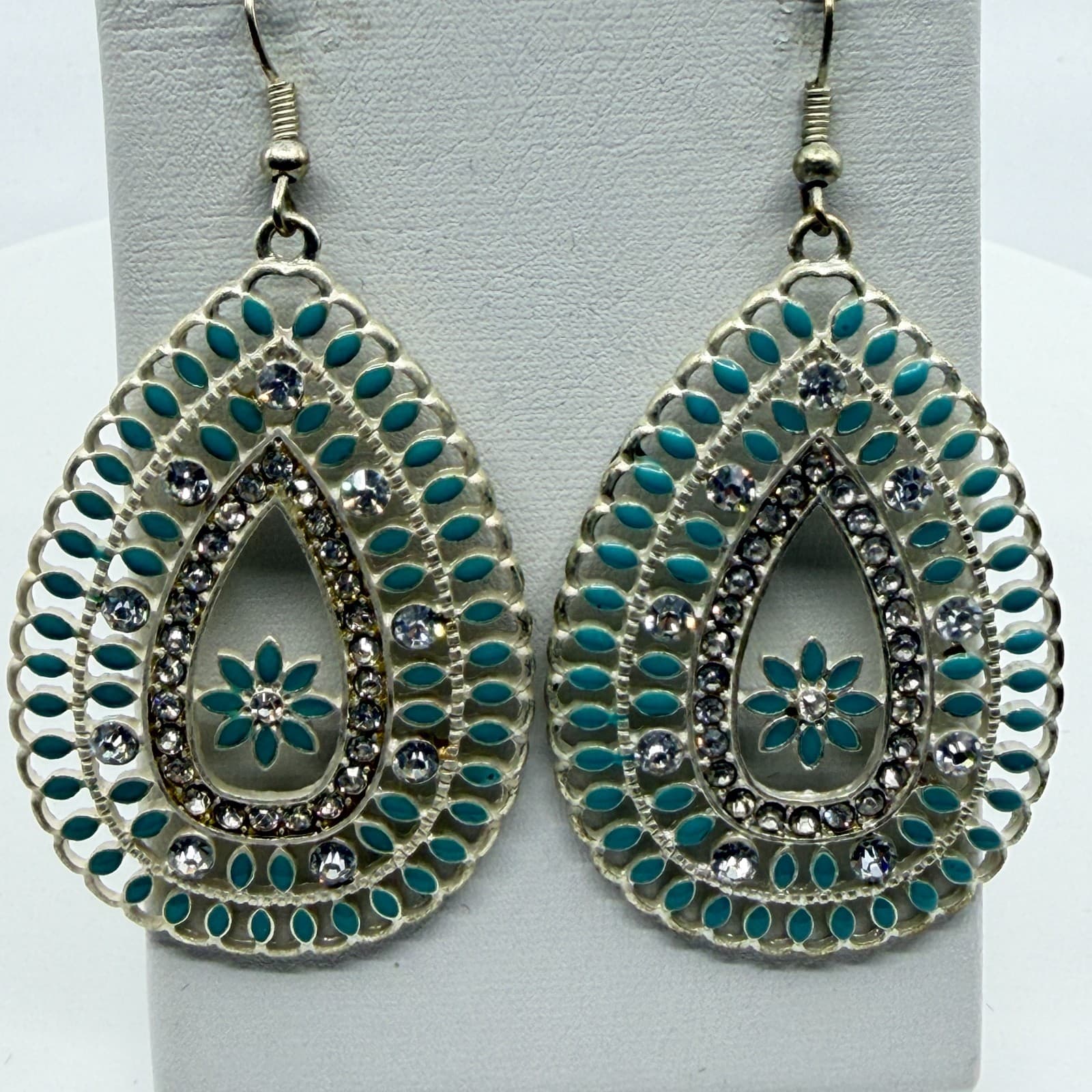 Teardrop Statement Earrings Filigree Crystal Turquoise Tone Beaded Enamel Gift - Thumbnail 6