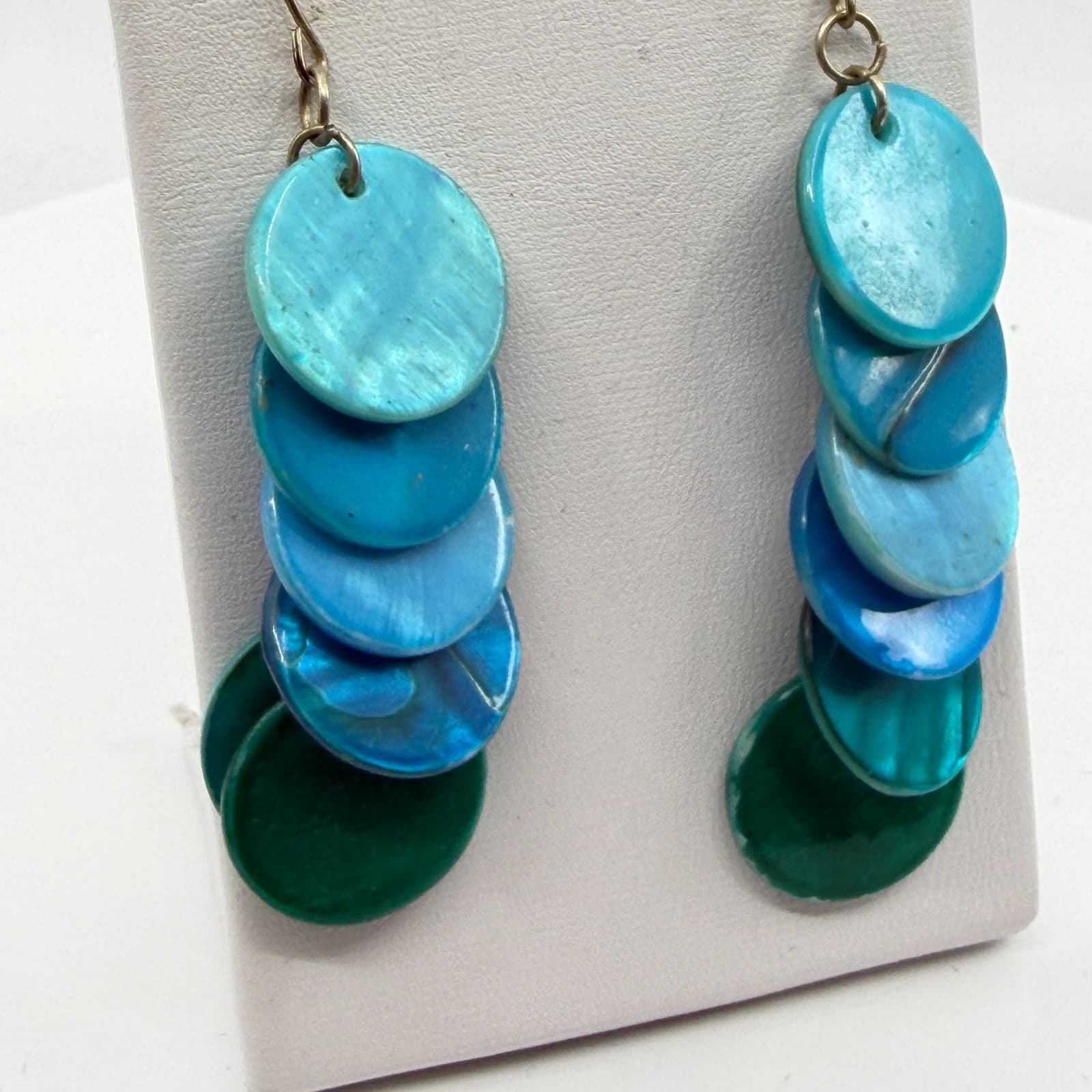 Ombre Blue Nakar Shell Disc Statement Earrings Layer Boho Festival Jewelry Gift - Thumbnail 4