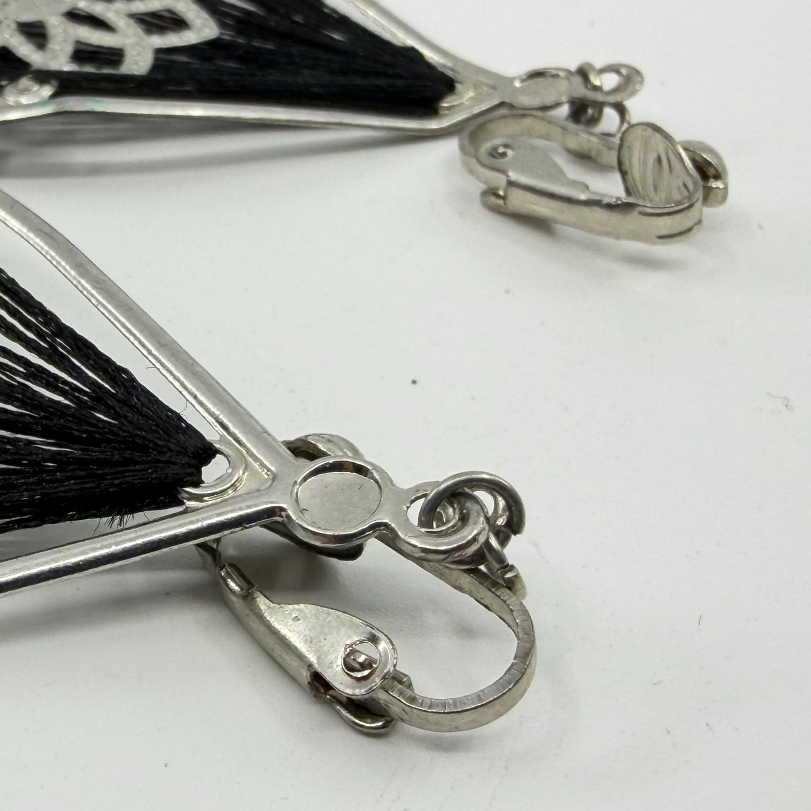 Silver Tone Black Thread Geometric Dangle Clip On Earrings Statement Boho Style - Thumbnail 6