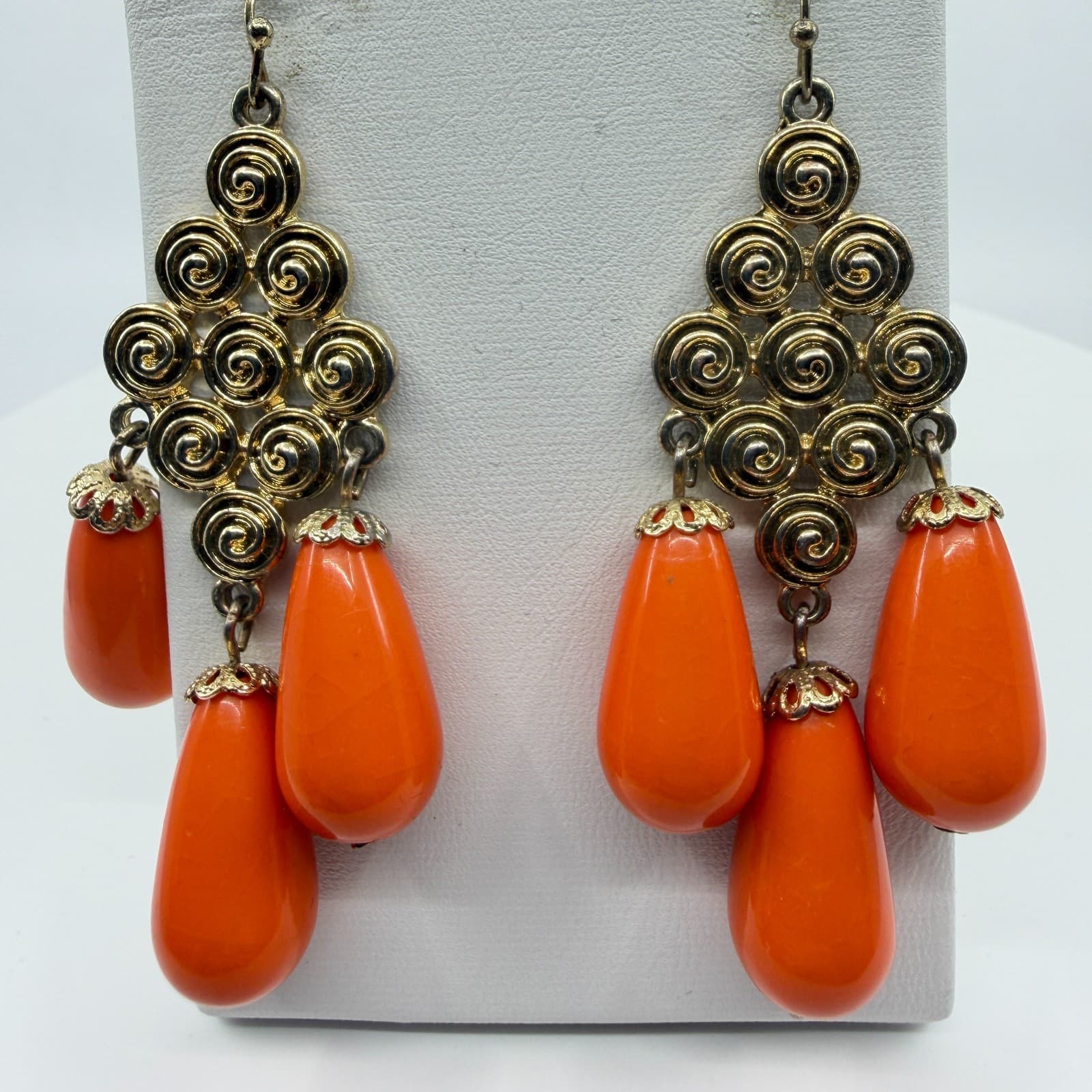 Gold Tone Spiral Statement Dangle Earrings With Bright Orange Teardrop Accents - Thumbnail 2