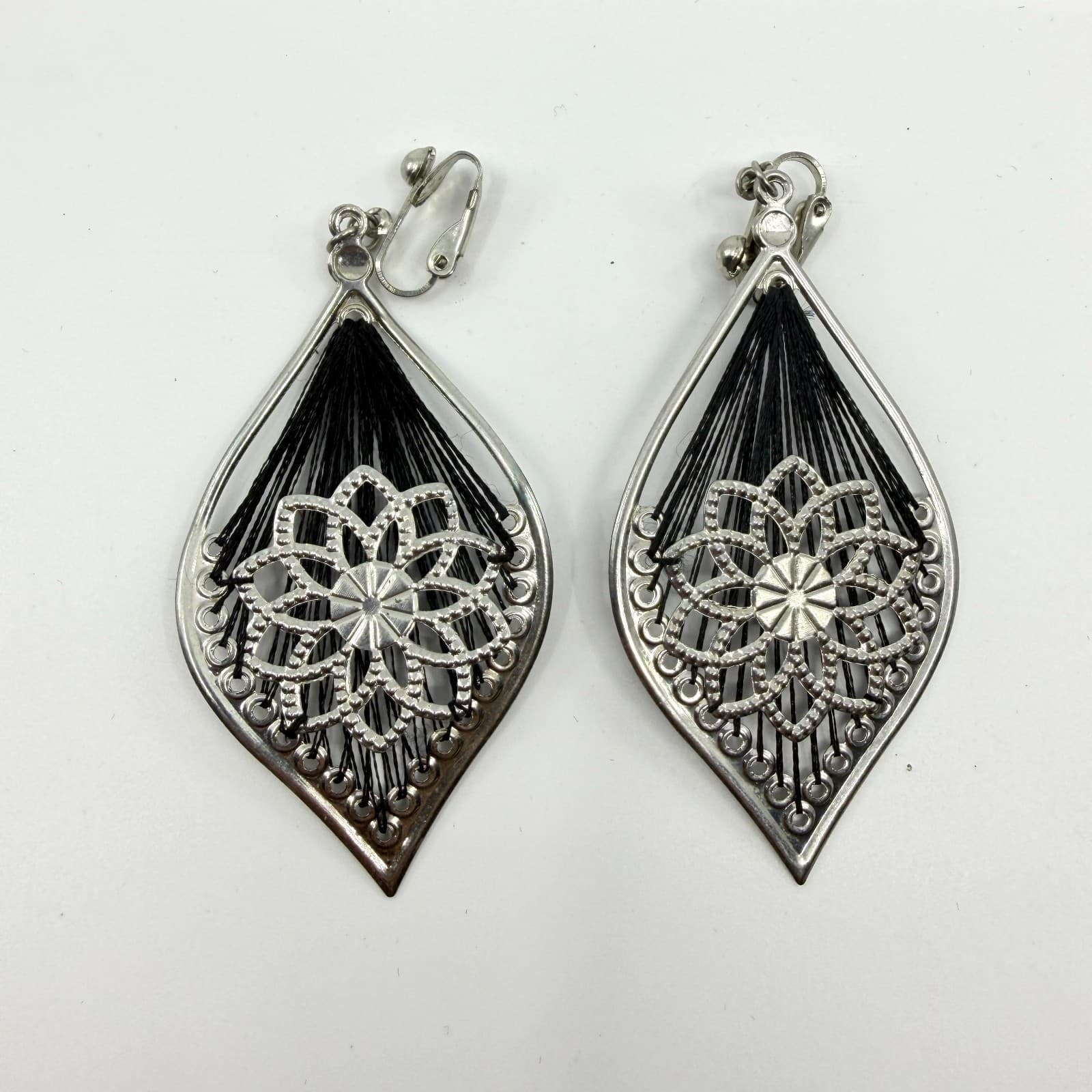 Silver Tone Black Thread Geometric Dangle Clip On Earrings Statement Boho Style