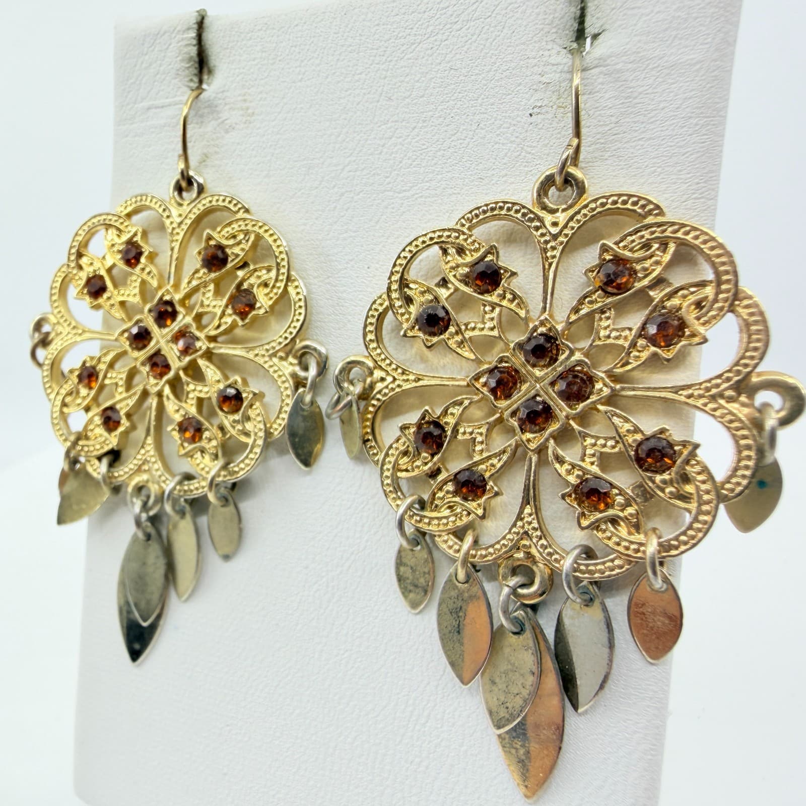 Boho Filigree Drop Earrings Gold Tone Brown Crystal Dangle Statement Jewelry - Thumbnail 7