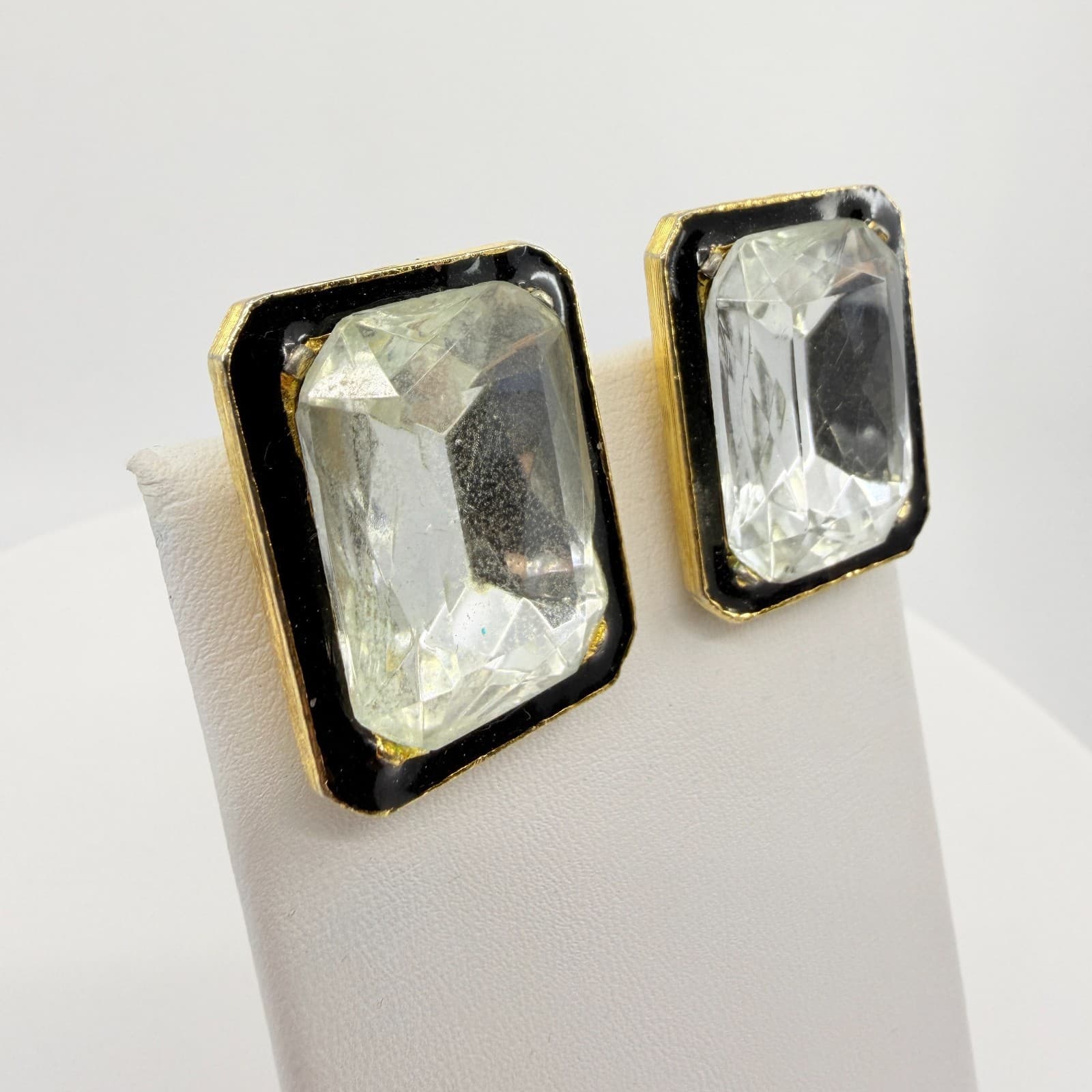 Statement Gold Tone Black Enamel Emerald Cut Clear Crystal Clip On Earrings Y2K - Thumbnail 2
