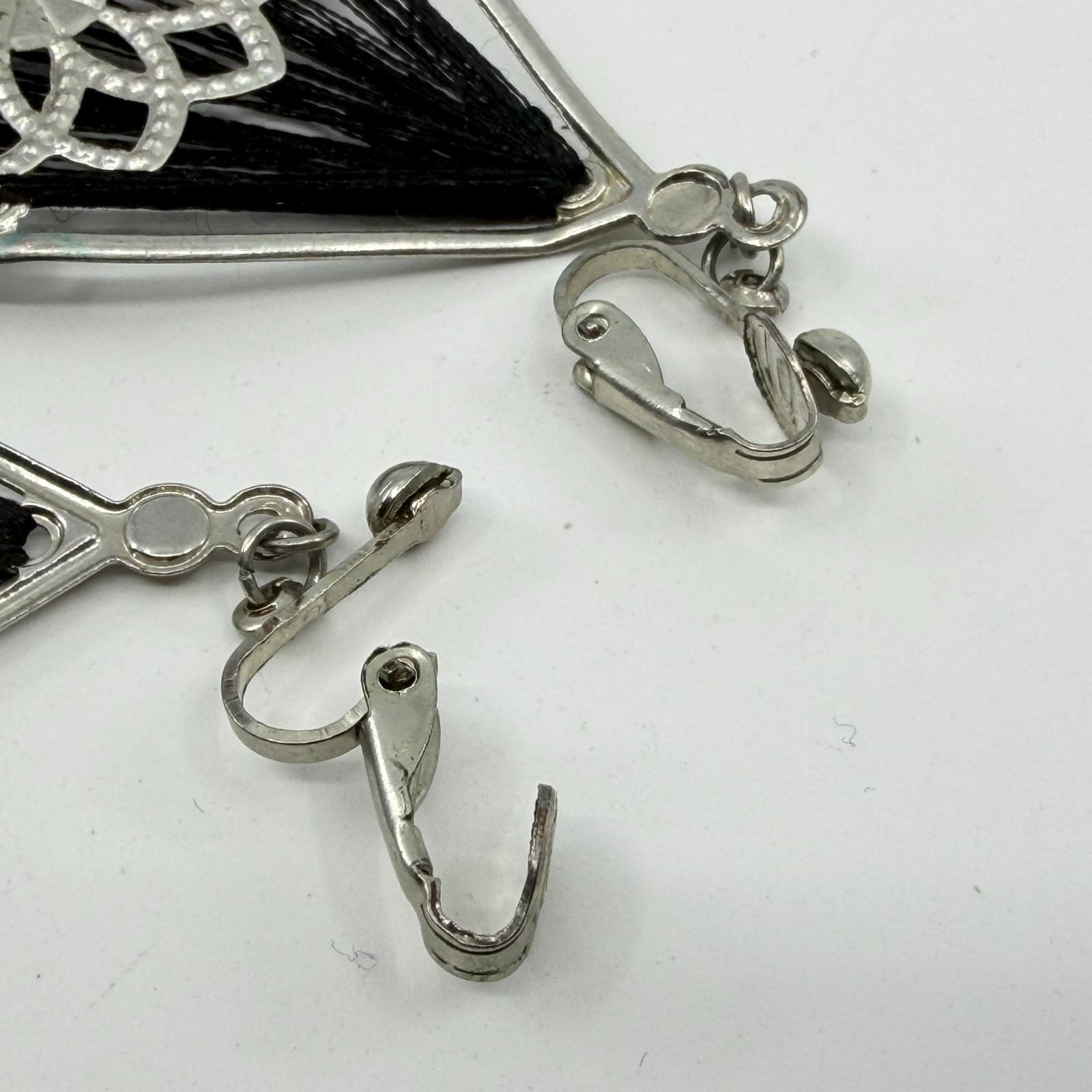 Silver Tone Black Thread Geometric Dangle Clip On Earrings Statement Boho Style - Thumbnail 7