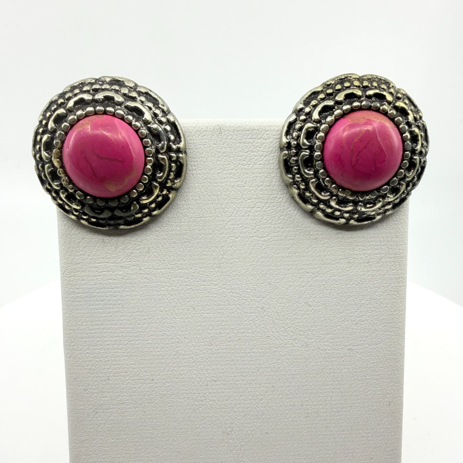 Vintage Style Pink Stone Silver Tone Ornate Clip On Stud Earrings Bohemian Chic