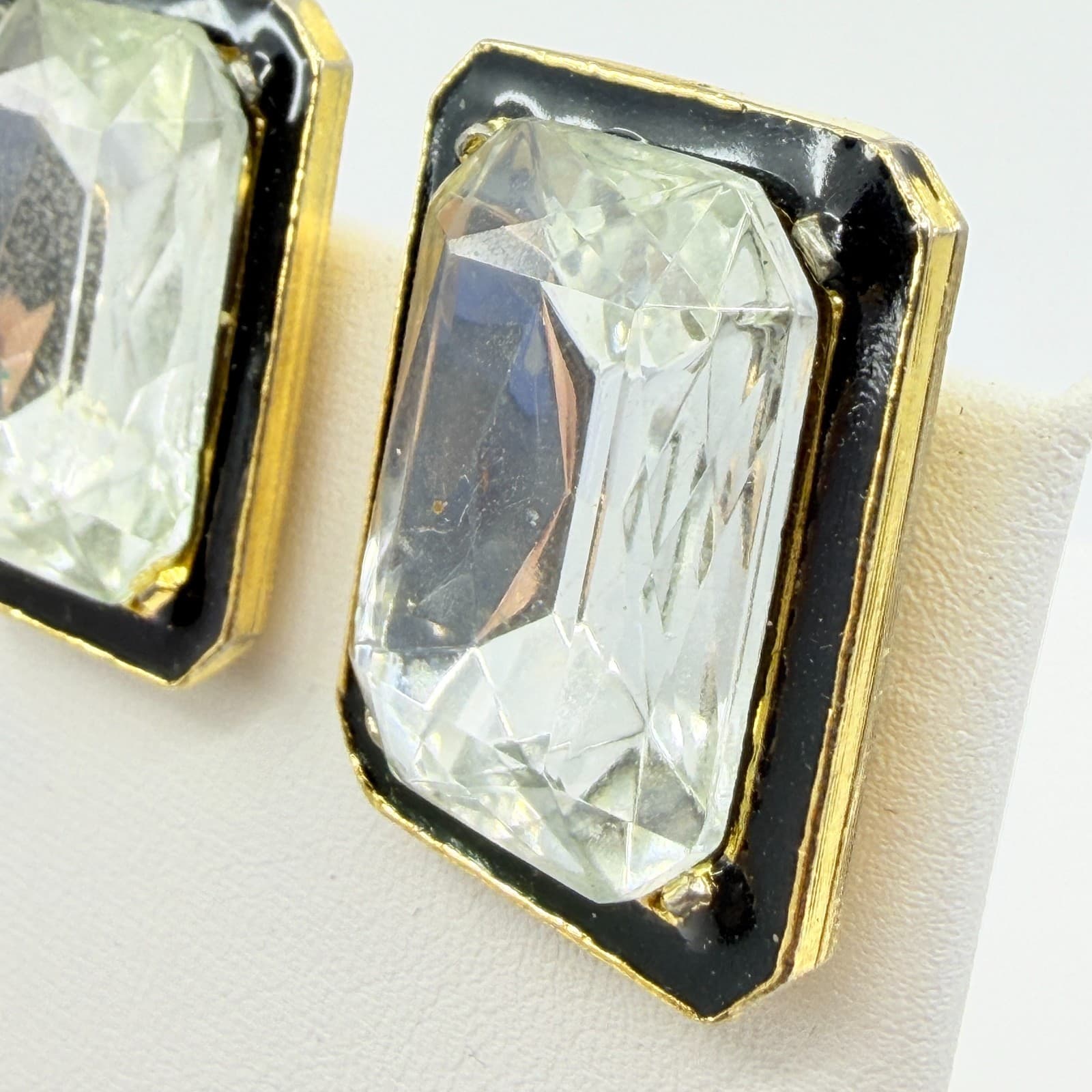 Statement Gold Tone Black Enamel Emerald Cut Clear Crystal Clip On Earrings Y2K - Thumbnail 4