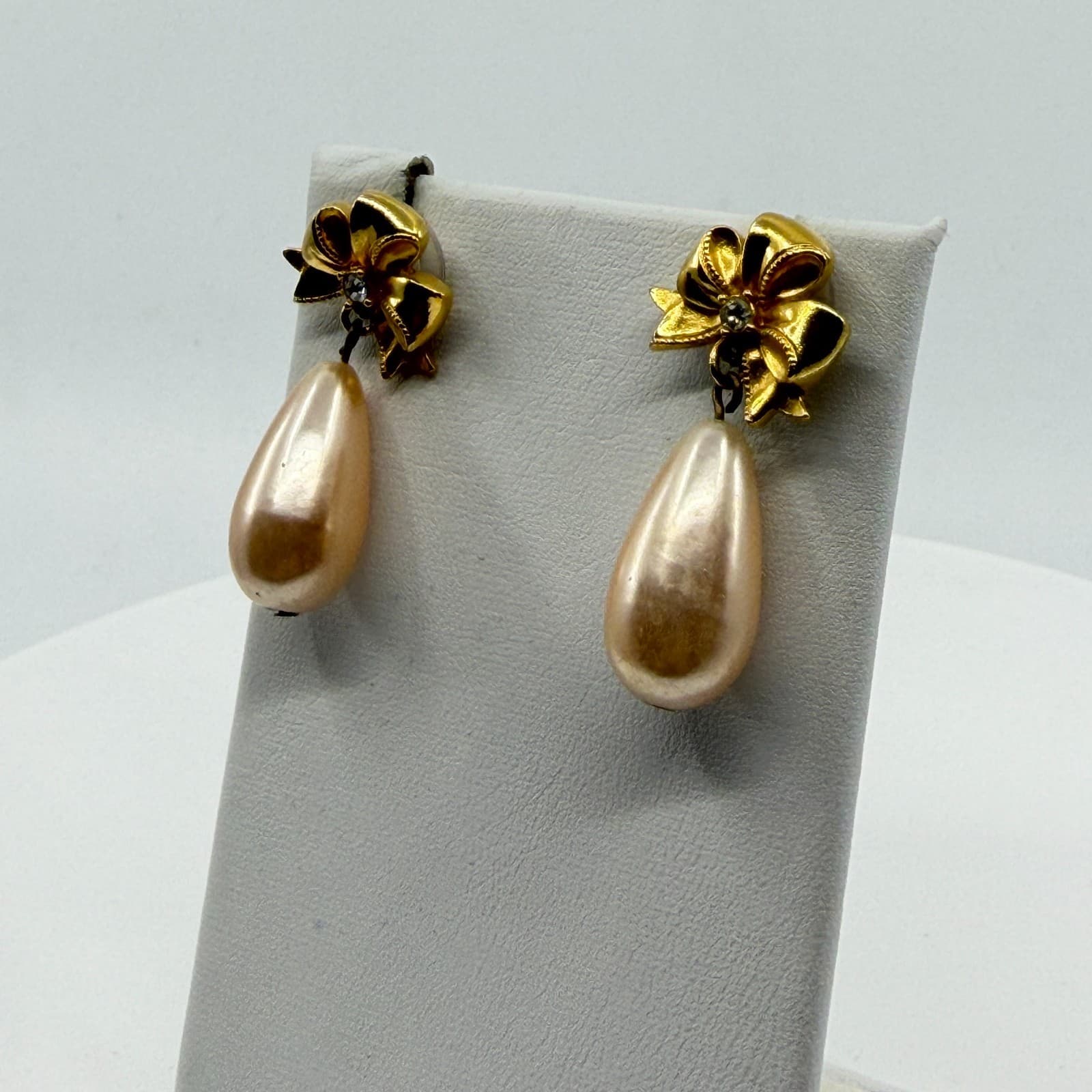 Dainty Gold Tone Bow Drop Earrings Faux Pearl Teardrop Coquette Jewelry Style - Thumbnail 6