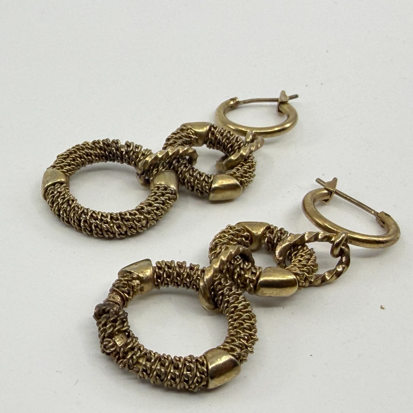 Gold Tone Textured Double Hoop Drop Earrings Statement Chunky Festival Chic Gift - Thumbnail 4