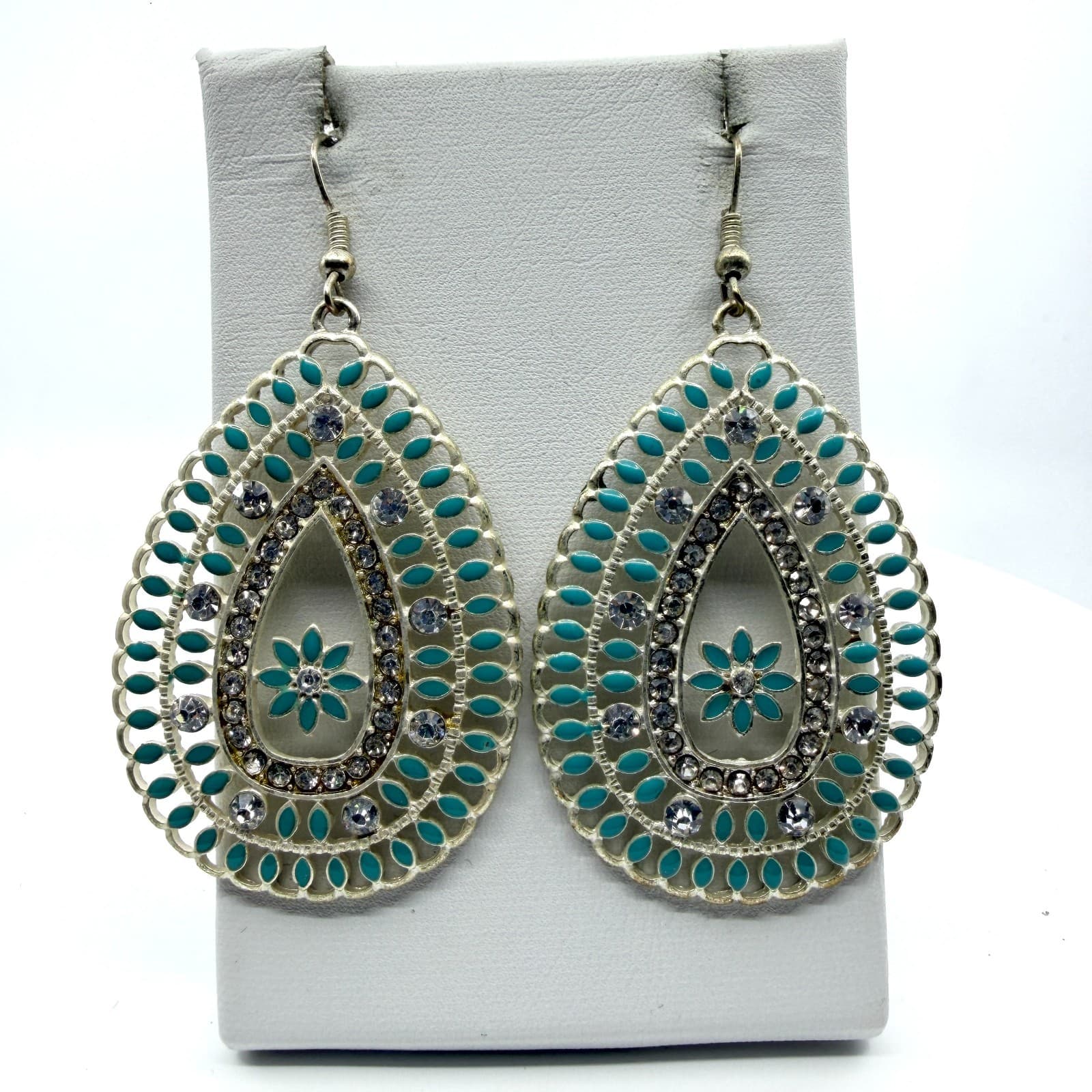 Teardrop Statement Earrings Filigree Crystal Turquoise Tone Beaded Enamel Gift