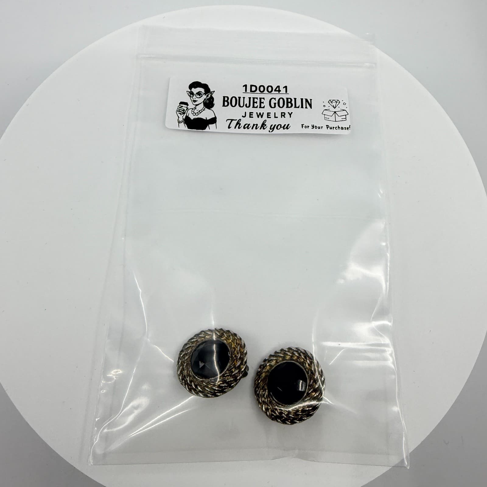 Statement Black Faceted Cabochon Clip On Earrings Silver Tone Rope Edge Gothic - Thumbnail 8