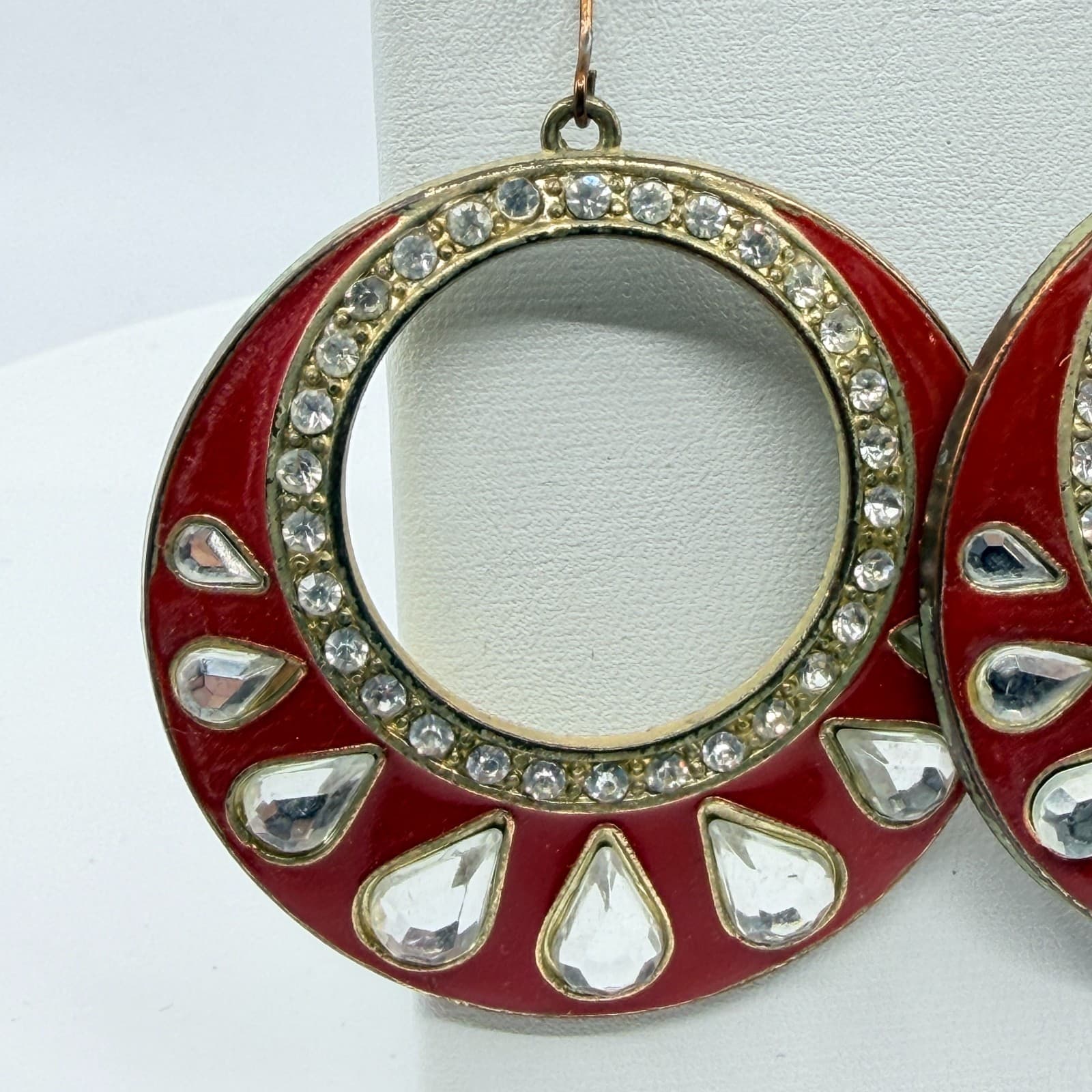 Vibrant Red Enamel Hoop Earrings Statement Crystal Boho Chic Festival Jewelry - Thumbnail 7