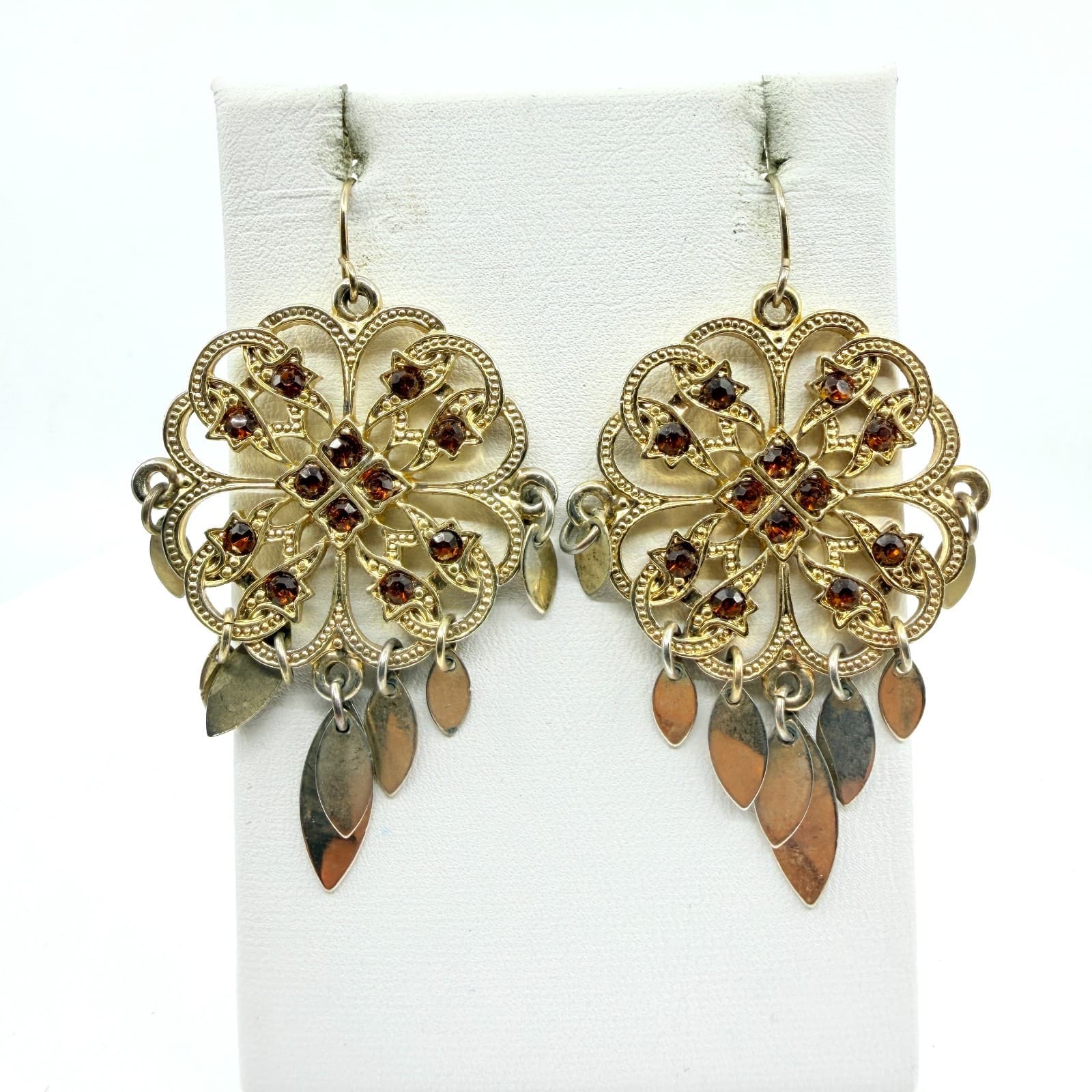 Boho Filigree Drop Earrings Gold Tone Brown Crystal Dangle Statement Jewelry