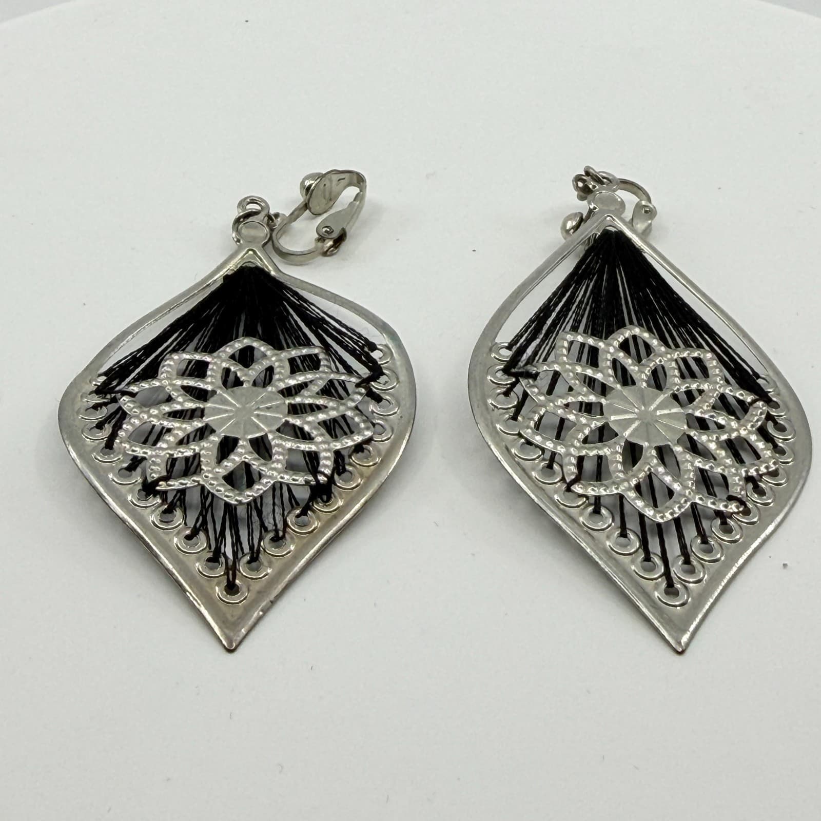 Silver Tone Black Thread Geometric Dangle Clip On Earrings Statement Boho Style - Thumbnail 3